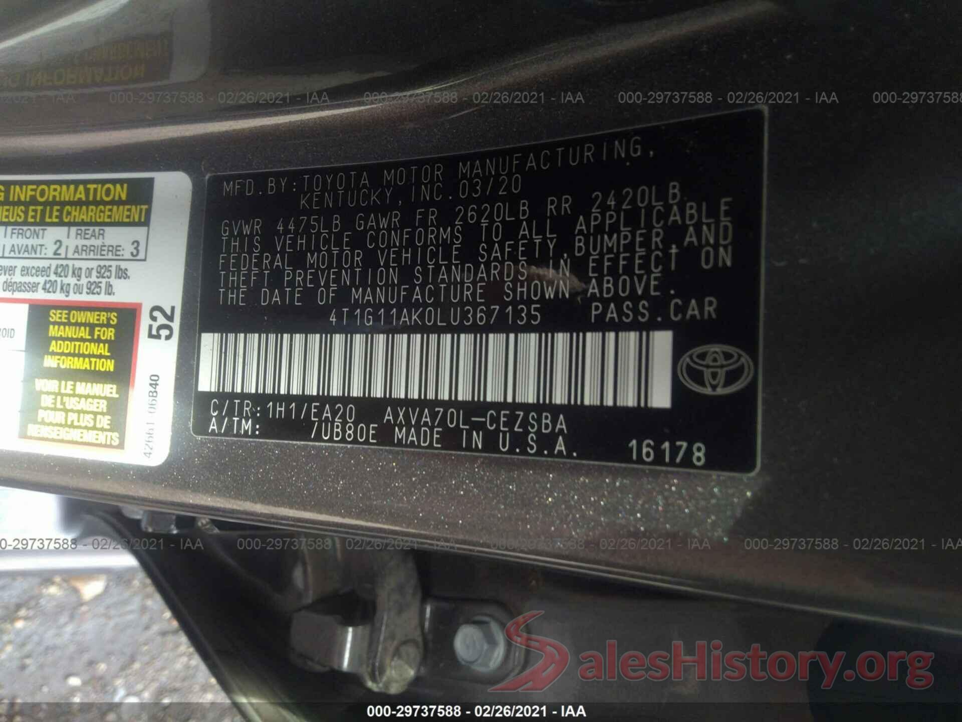 4T1G11AK0LU367135 2020 TOYOTA CAMRY