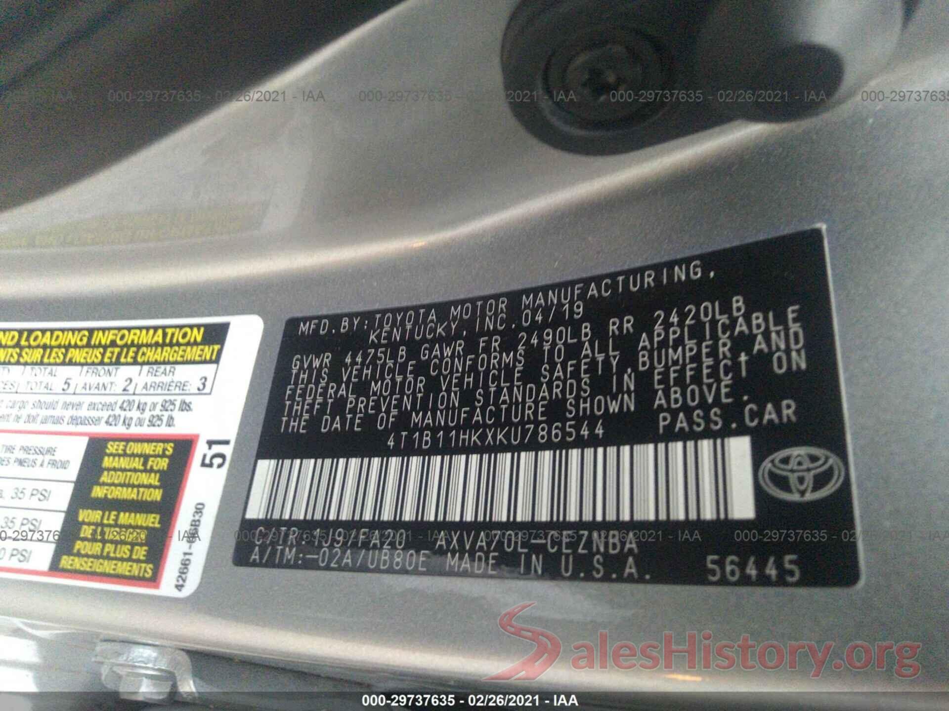 4T1B11HKXKU786544 2019 TOYOTA CAMRY