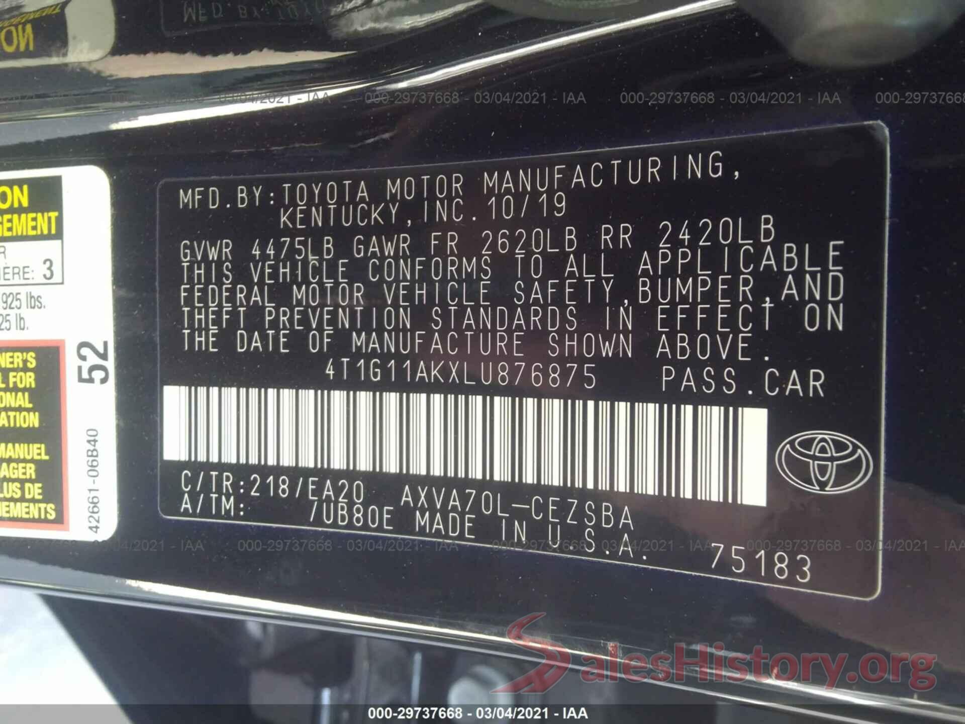 4T1G11AKXLU876875 2020 TOYOTA CAMRY