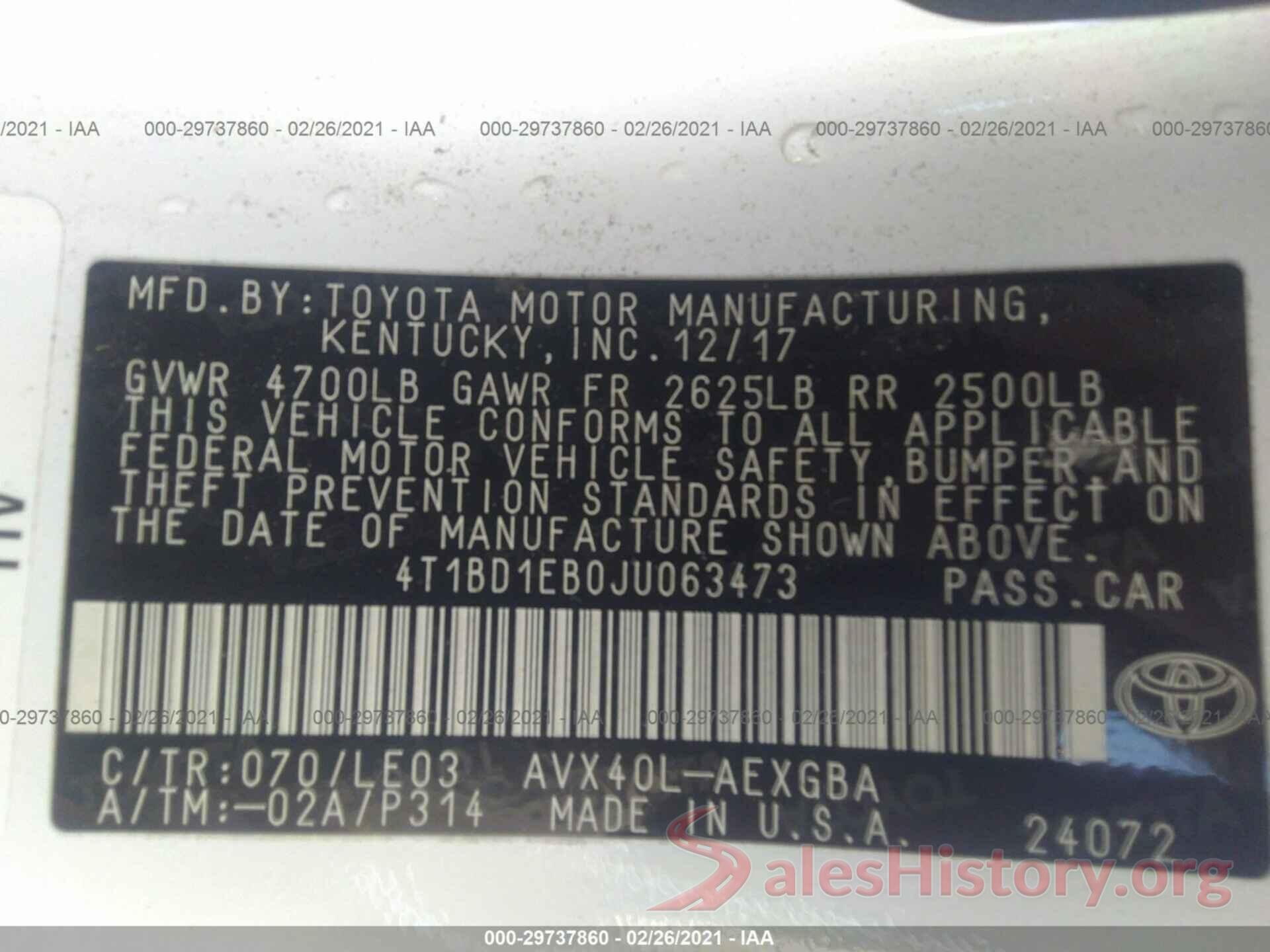 4T1BD1EB0JU063473 2018 TOYOTA AVALON