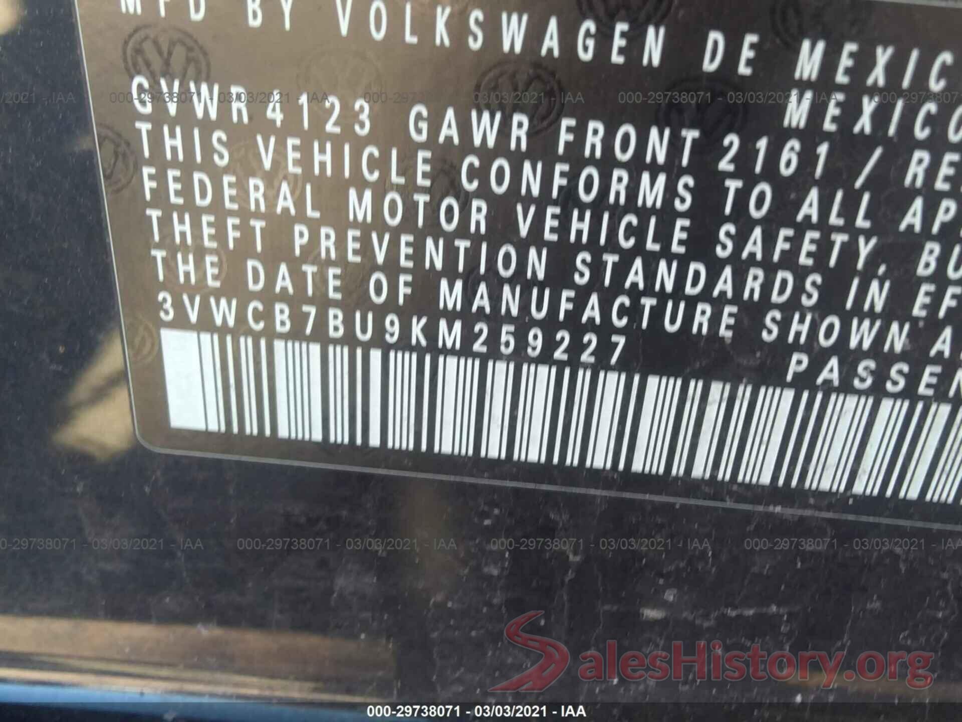 3VWCB7BU9KM259227 2019 VOLKSWAGEN JETTA