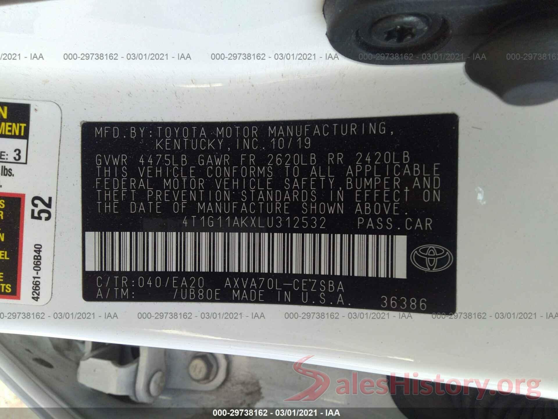 4T1G11AKXLU312532 2020 TOYOTA CAMRY