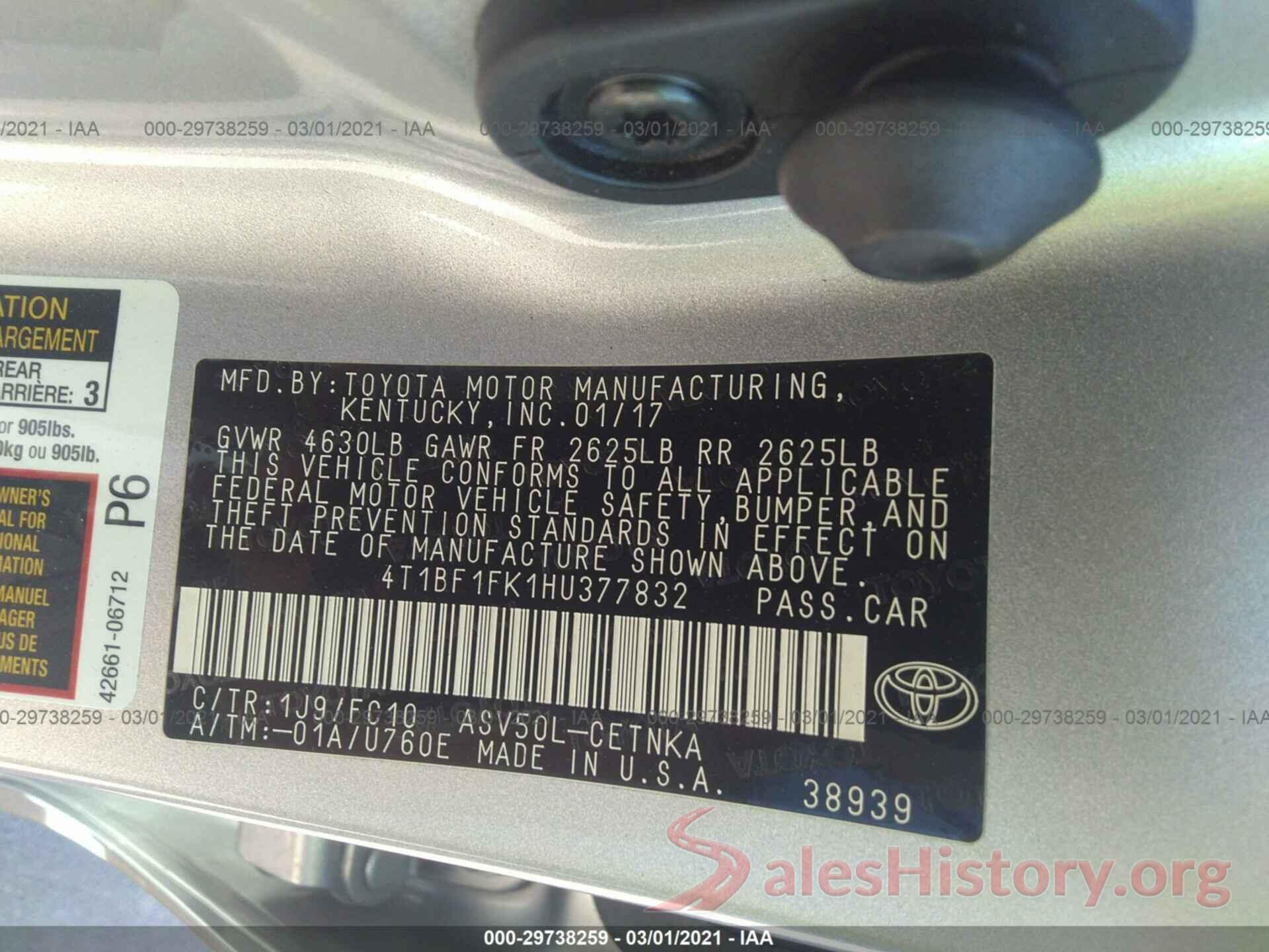 4T1BF1FK1HU377832 2017 TOYOTA CAMRY