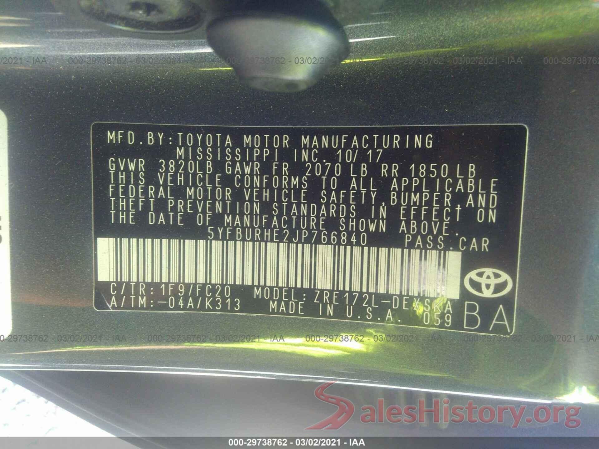 5YFBURHE2JP766840 2018 TOYOTA COROLLA