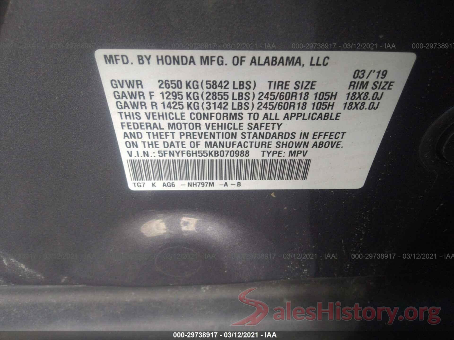 5FNYF6H55KB070988 2019 HONDA PILOT