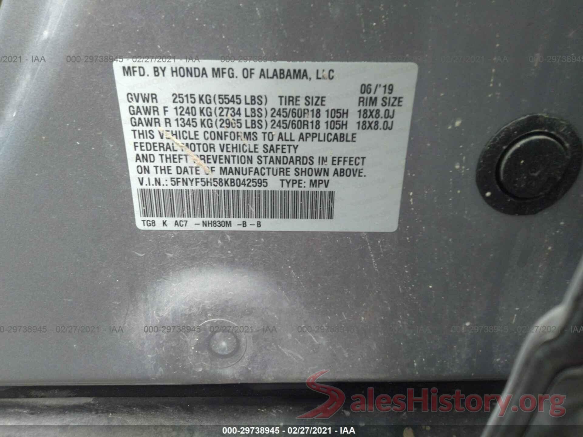 5FNYF5H58KB042595 2019 HONDA PILOT