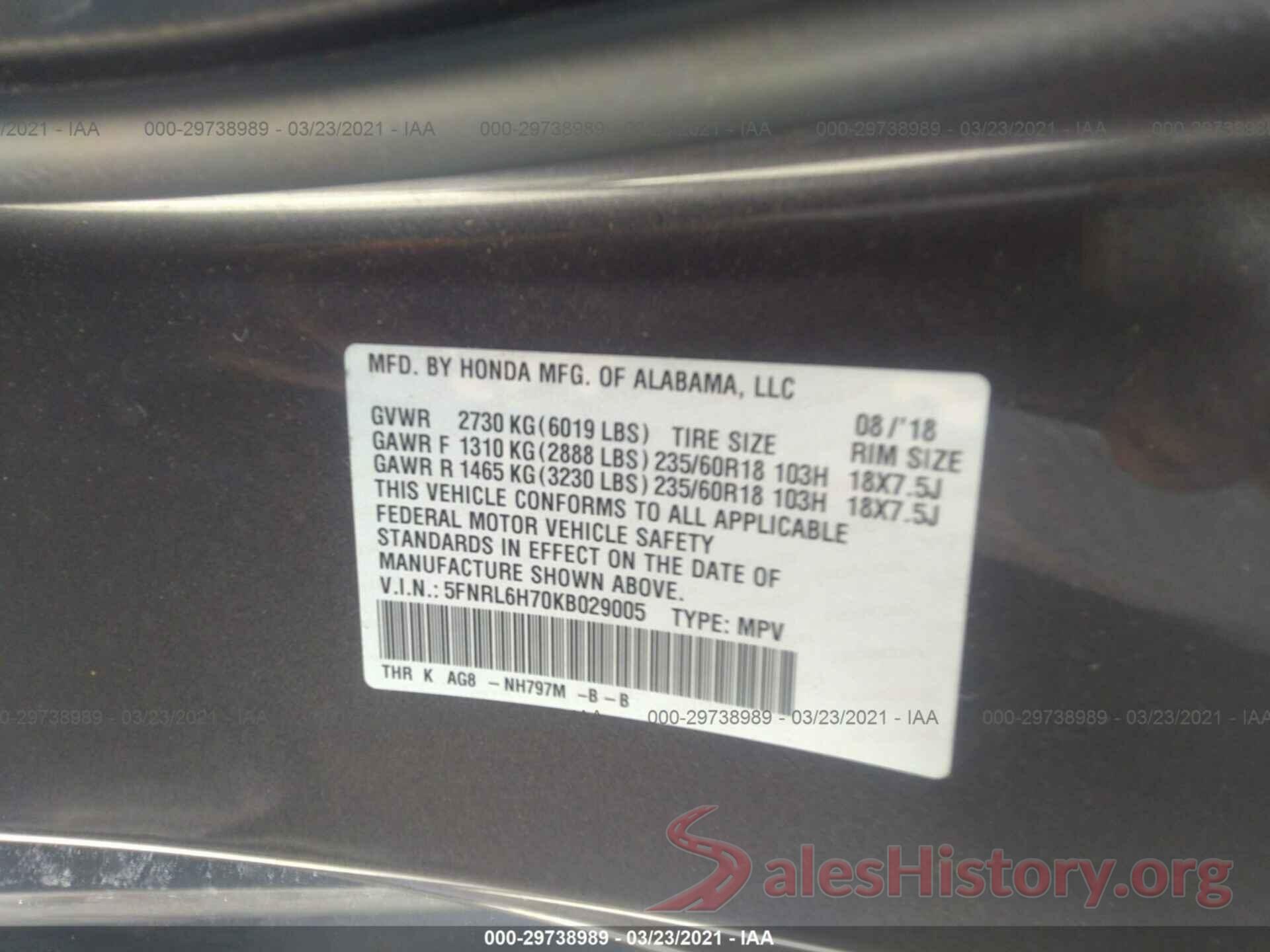 5FNRL6H70KB029005 2019 HONDA ODYSSEY