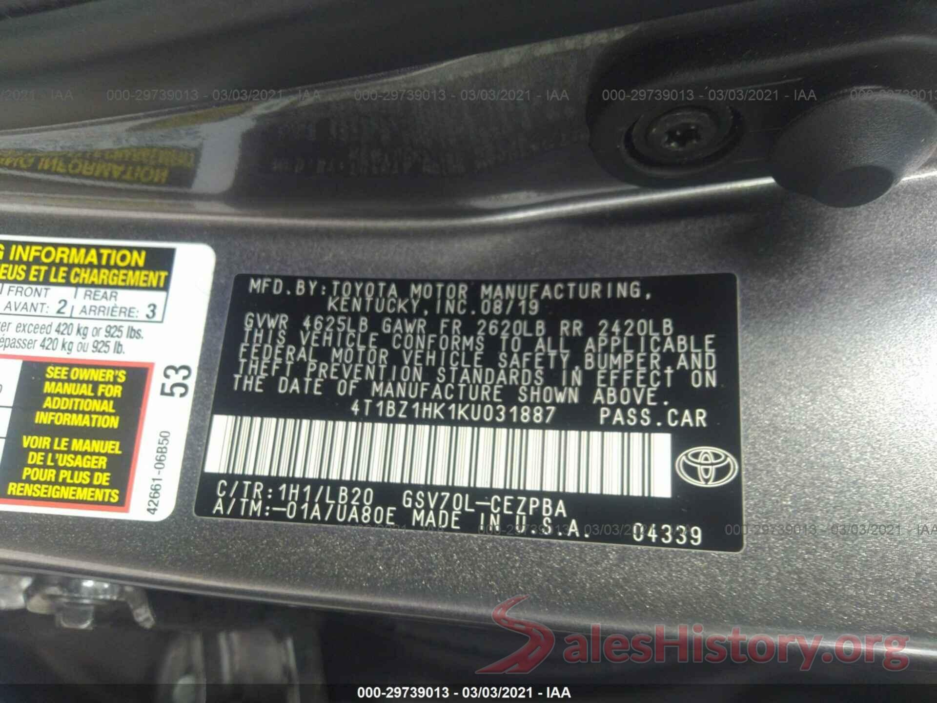 4T1BZ1HK1KU031887 2019 TOYOTA CAMRY