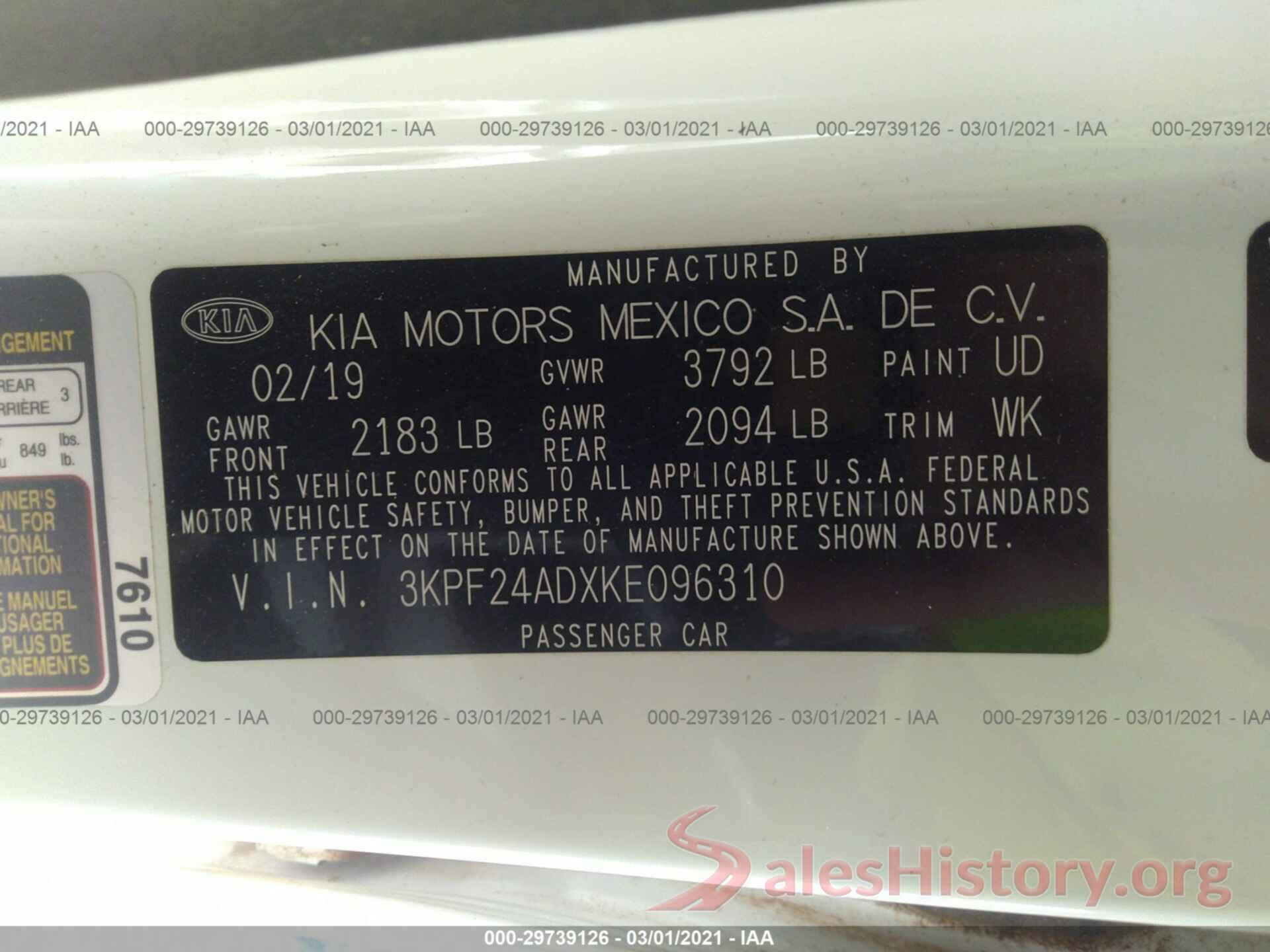 3KPF24ADXKE096310 2019 KIA FORTE