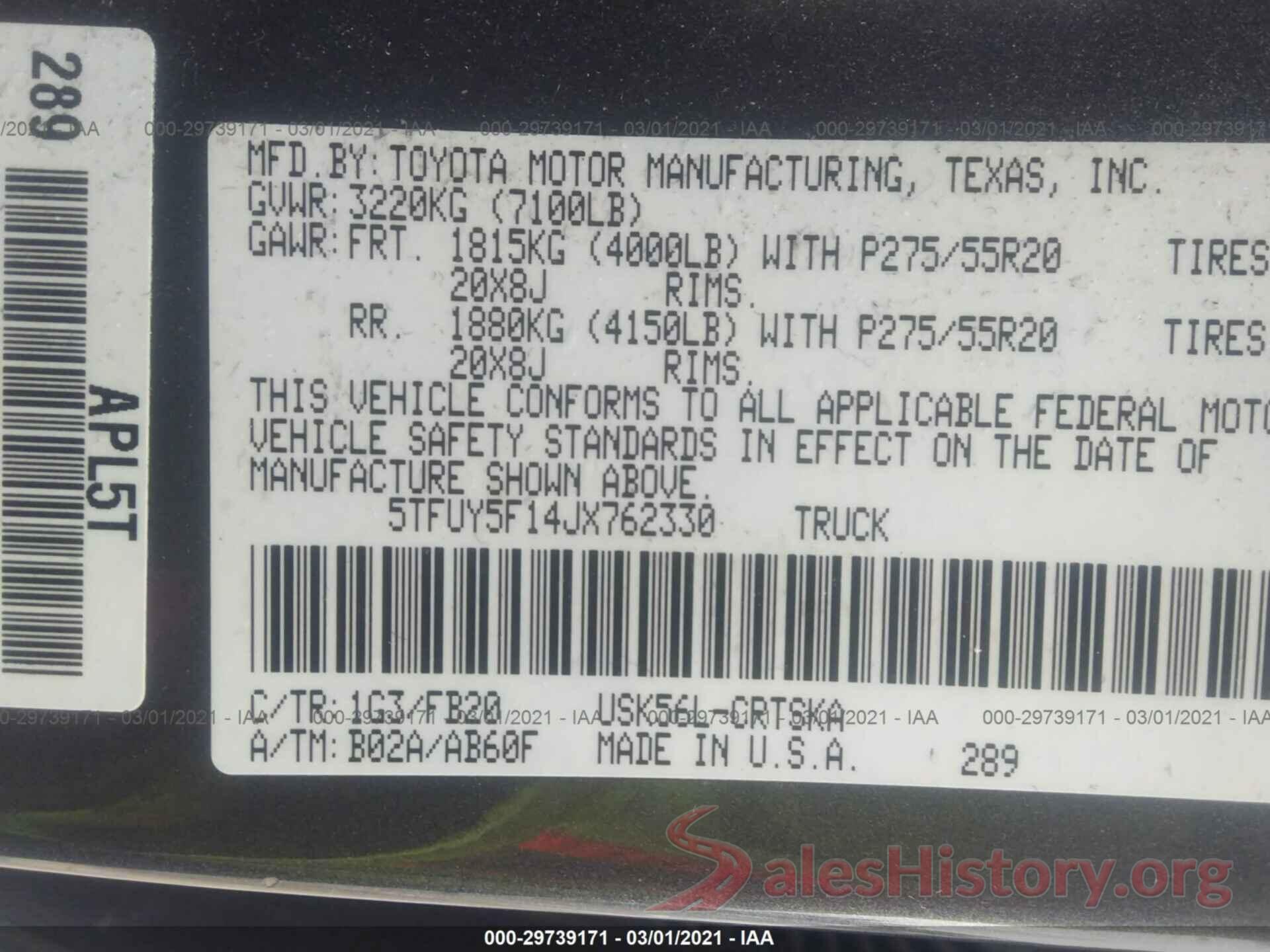 5TFUY5F14JX762330 2018 TOYOTA TUNDRA 4WD