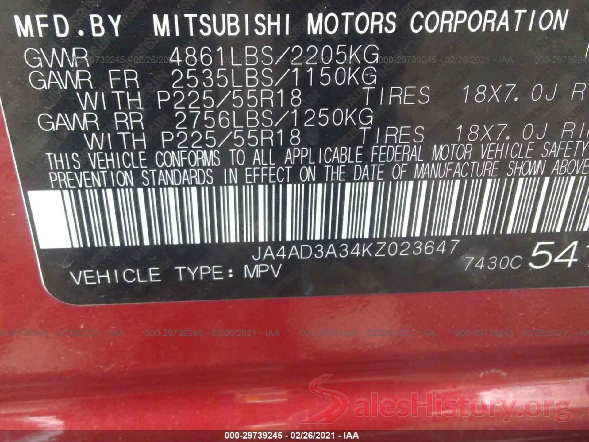 JA4AD3A34KZ023647 2019 MITSUBISHI OUTLANDER