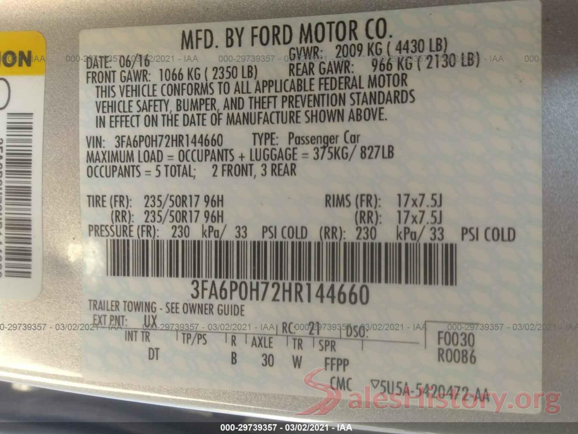 3FA6P0H72HR144660 2017 FORD FUSION