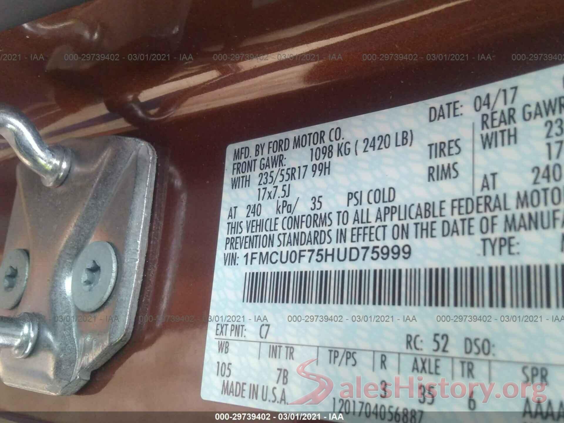 1FMCU0F75HUD75999 2017 FORD ESCAPE