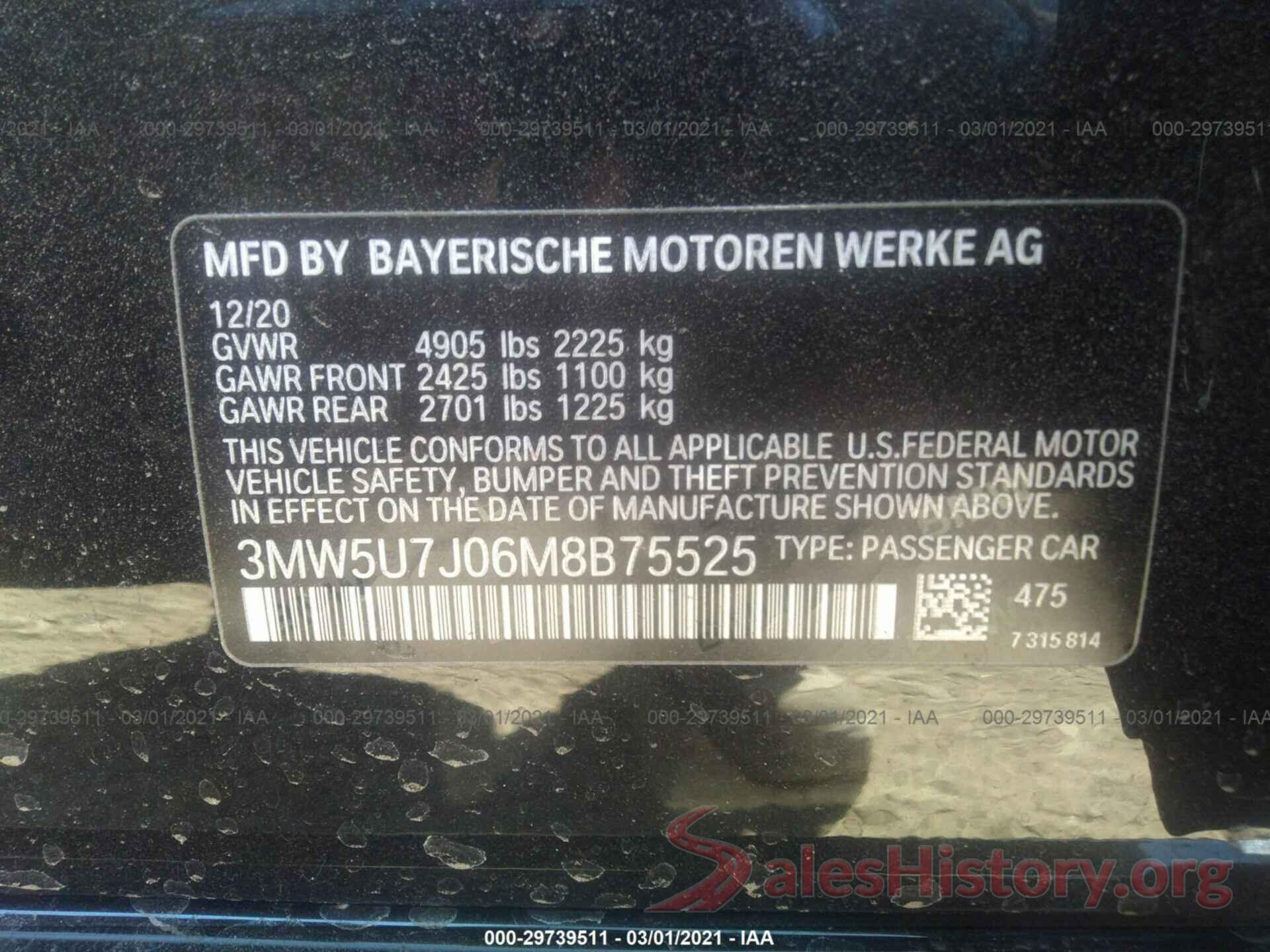 3MW5U7J06M8B75525 2021 BMW 3 SERIES