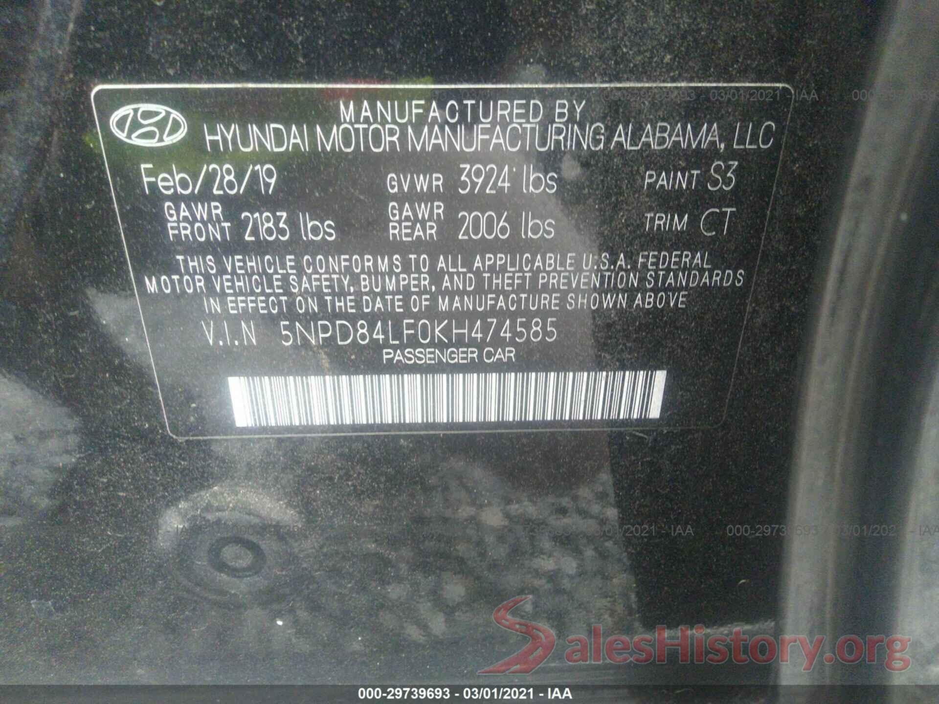 5NPD84LF0KH474585 2019 HYUNDAI ELANTRA