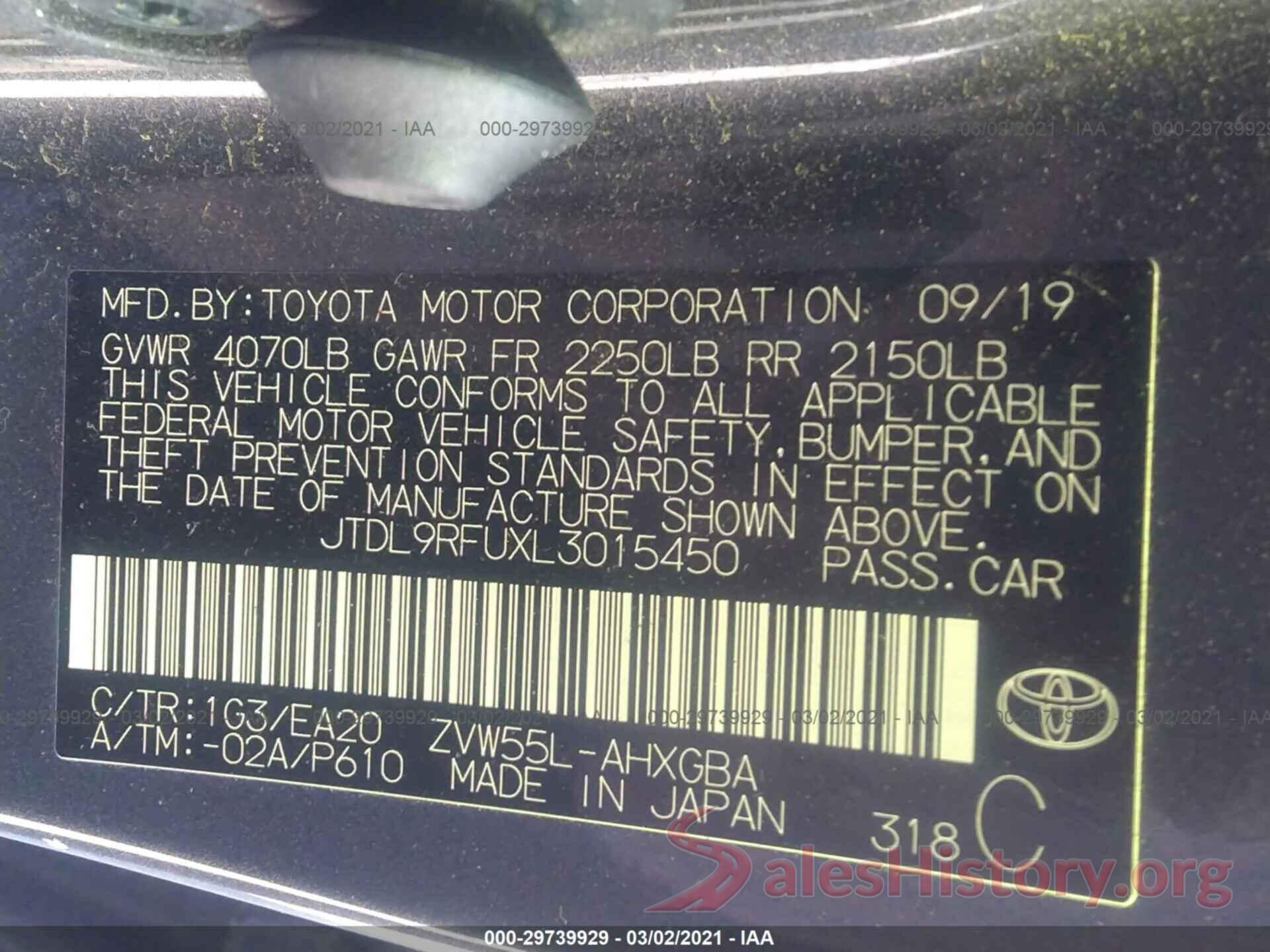 JTDL9RFUXL3015450 2020 TOYOTA PRIUS