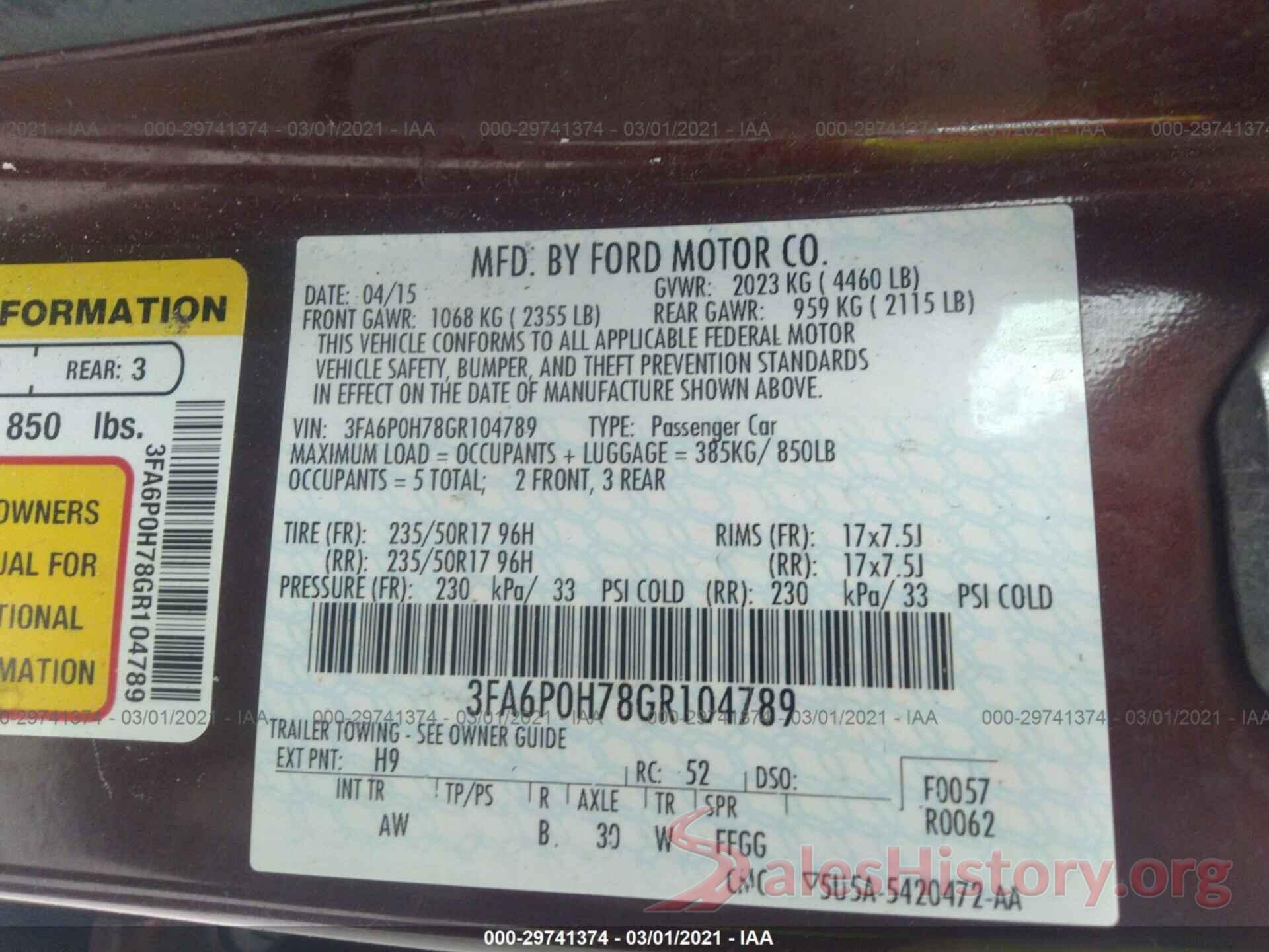 3FA6P0H78GR104789 2016 FORD FUSION