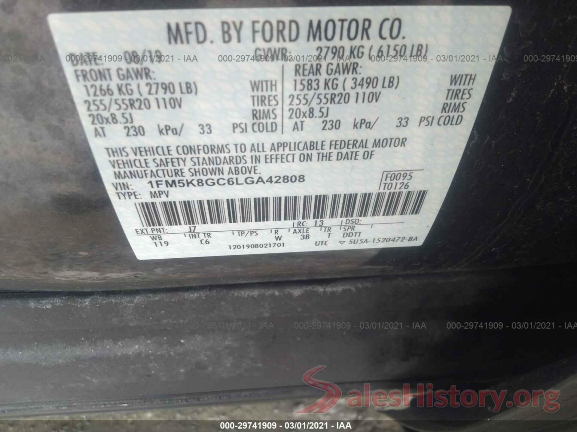 1FM5K8GC6LGA42808 2020 FORD EXPLORER