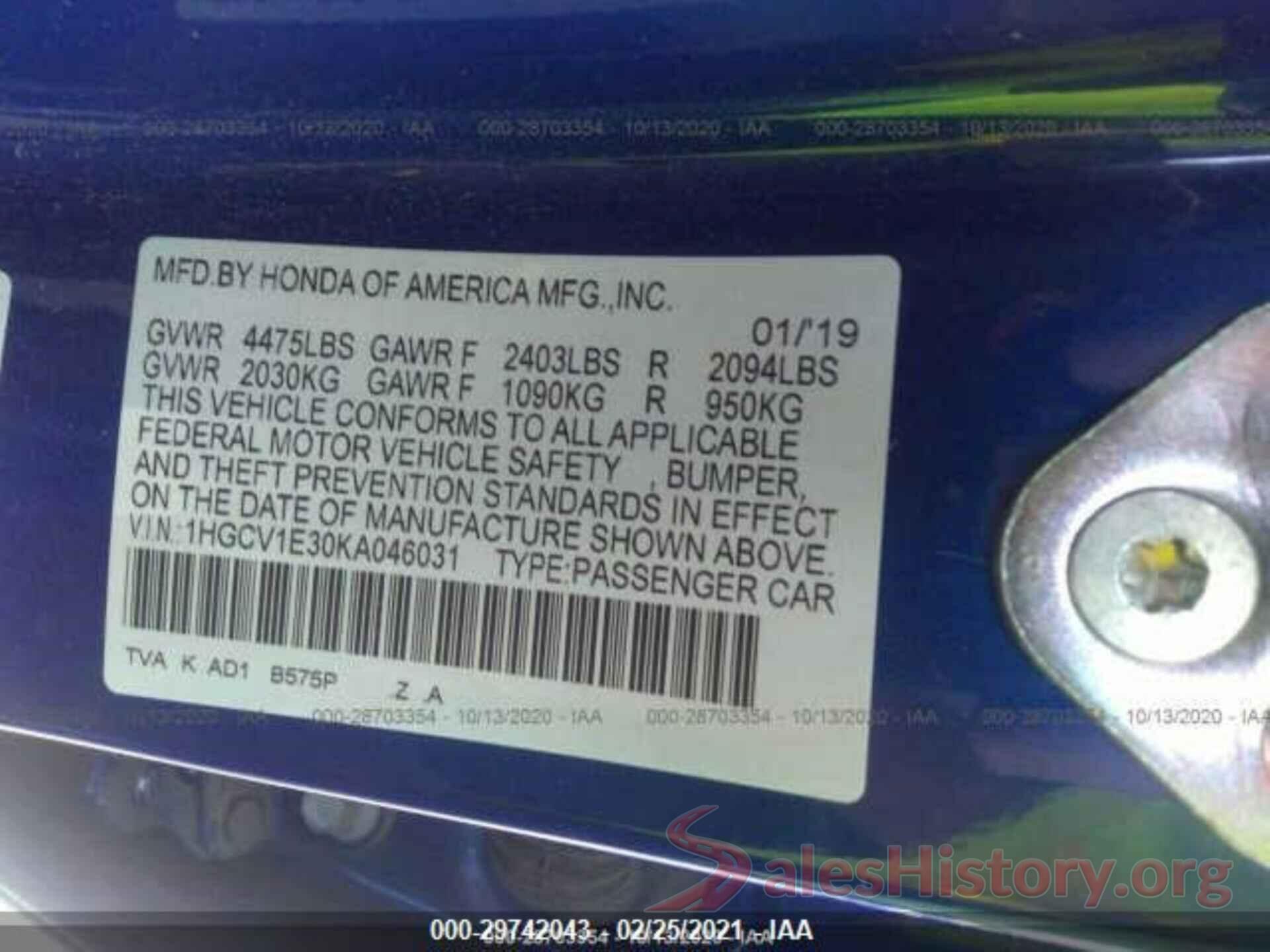 1HGCV1E30KA046031 2019 HONDA ACCORD SEDAN