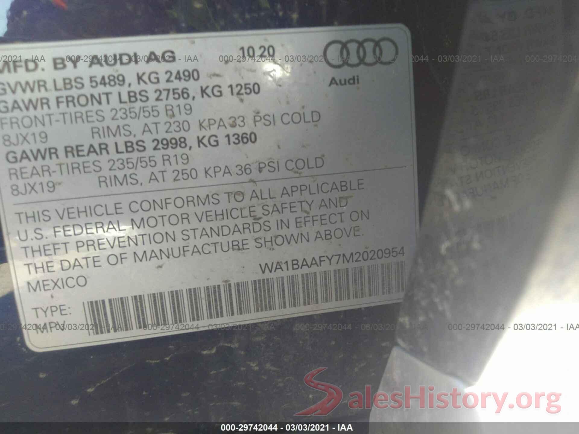 WA1BAAFY7M2020954 2021 AUDI Q5