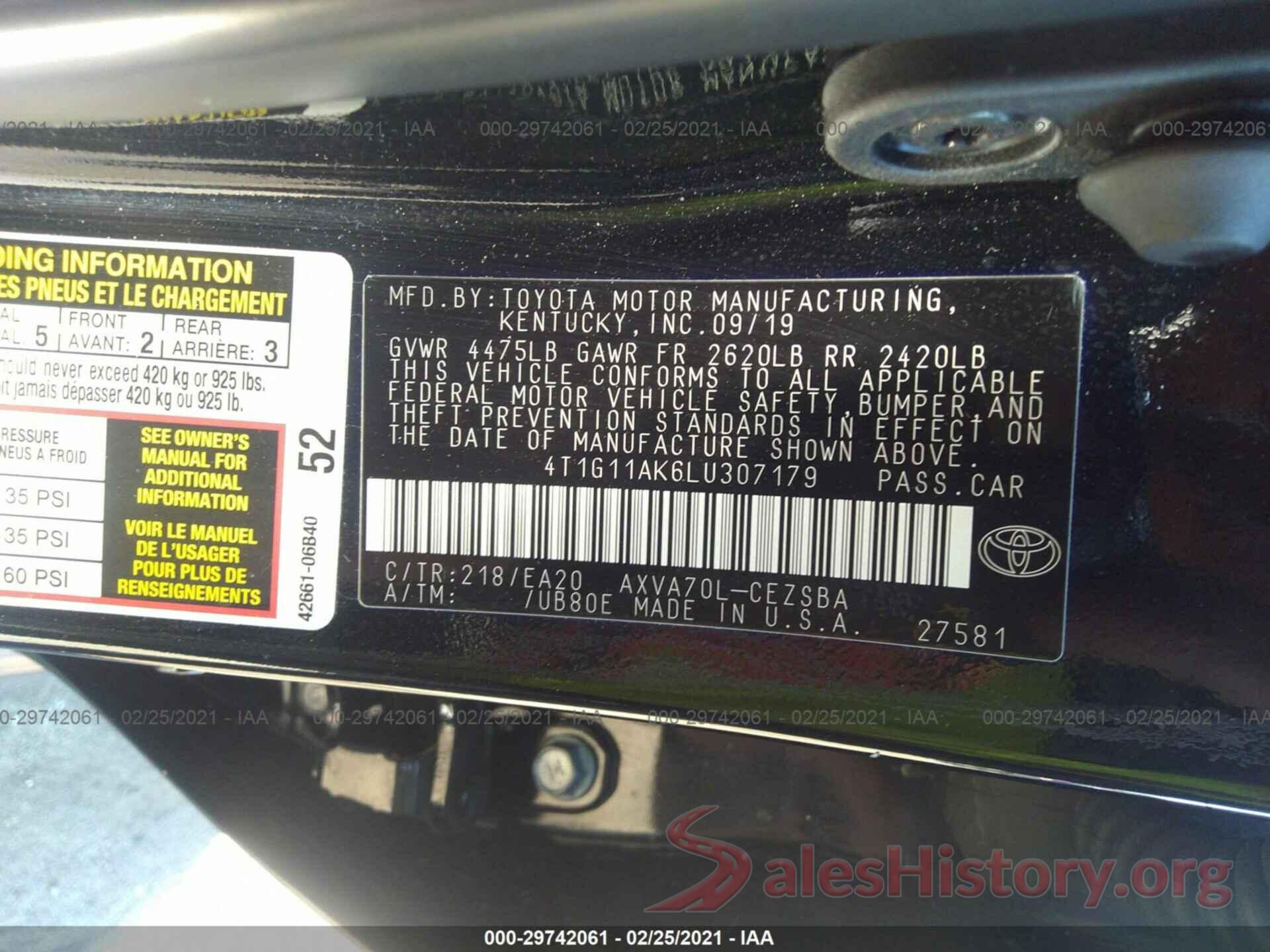 4T1G11AK6LU307179 2020 TOYOTA CAMRY