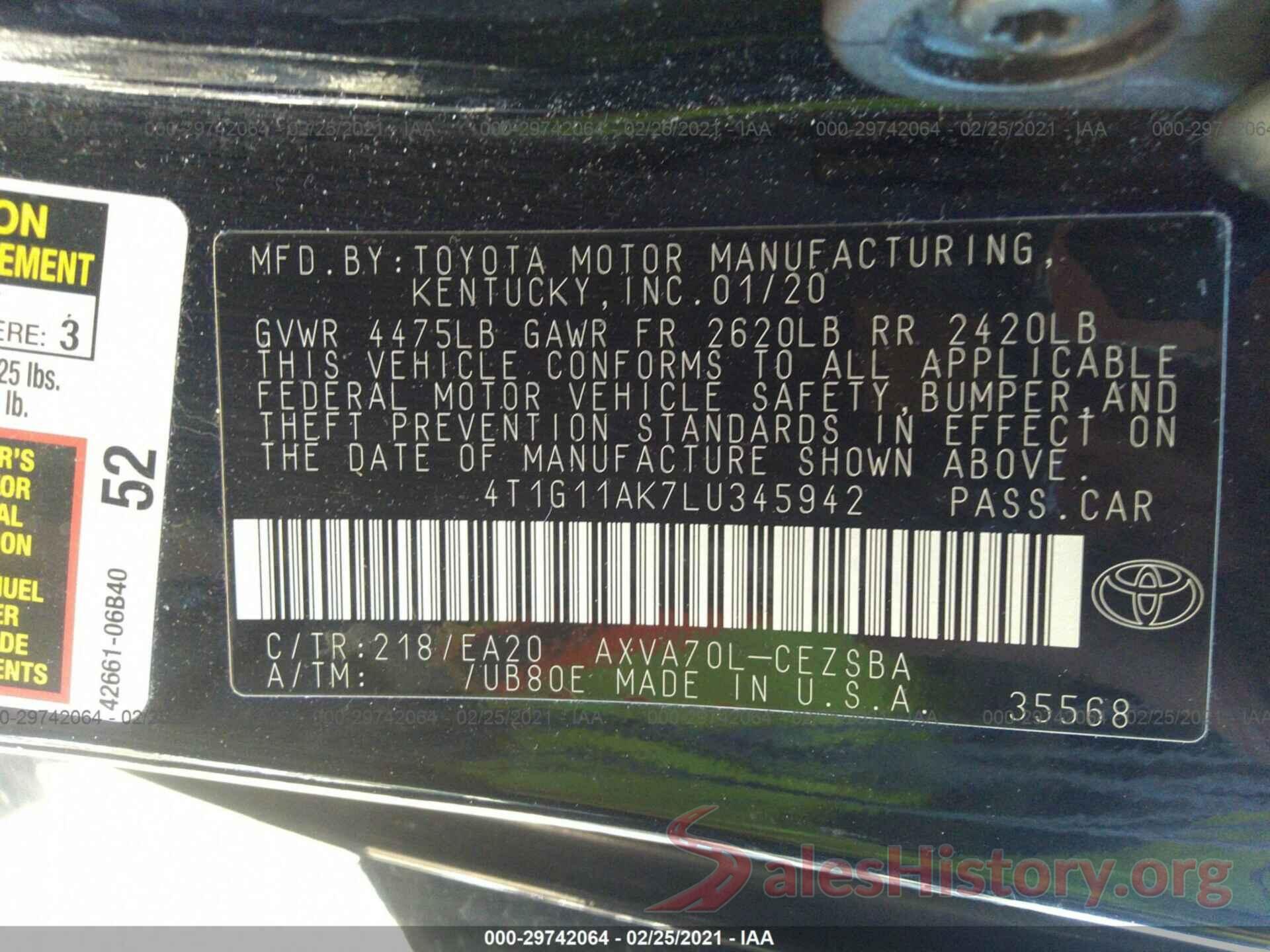 4T1G11AK7LU345942 2020 TOYOTA CAMRY