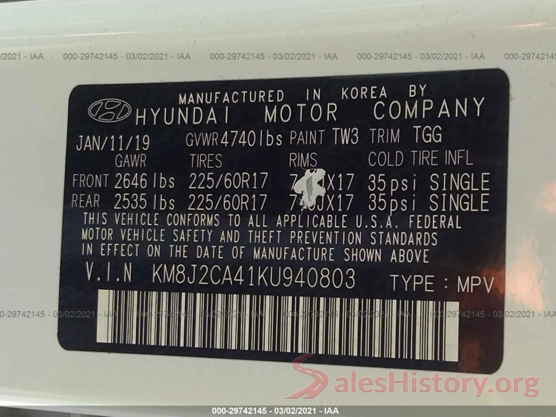 KM8J2CA41KU940803 2019 HYUNDAI TUCSON