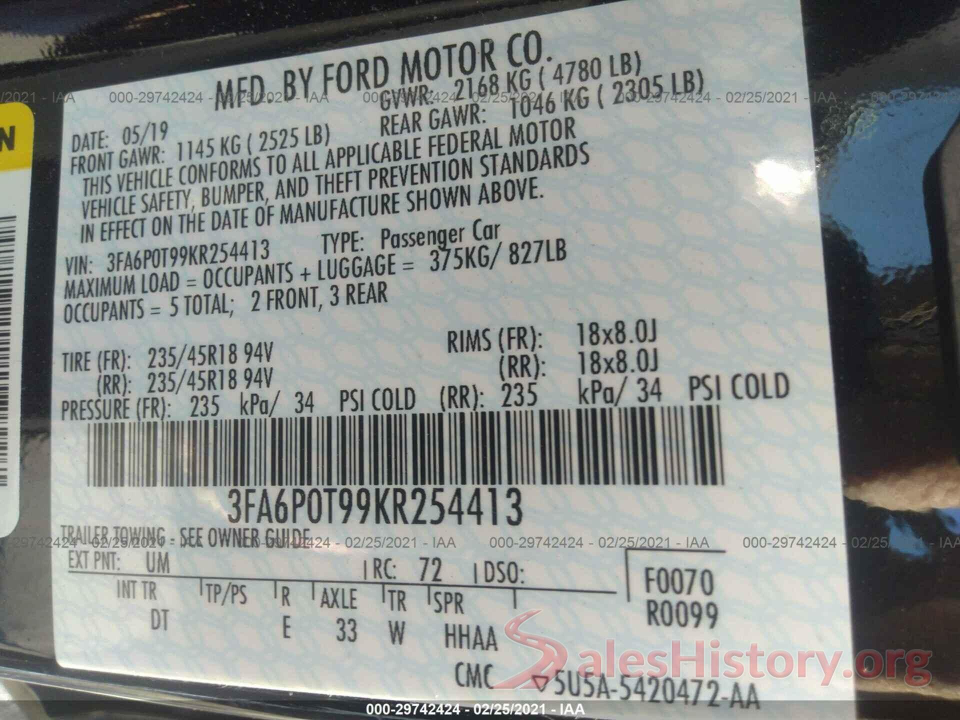 3FA6P0T99KR254413 2019 FORD FUSION