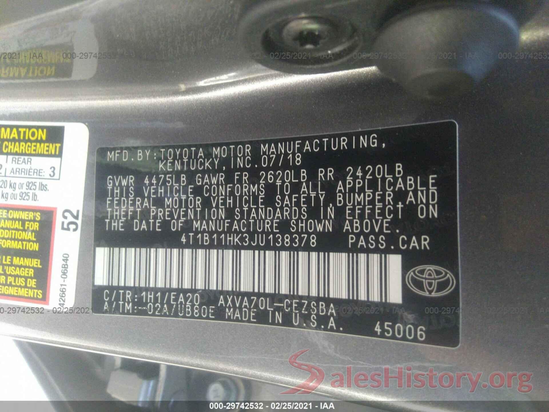 4T1B11HK3JU138378 2018 TOYOTA CAMRY