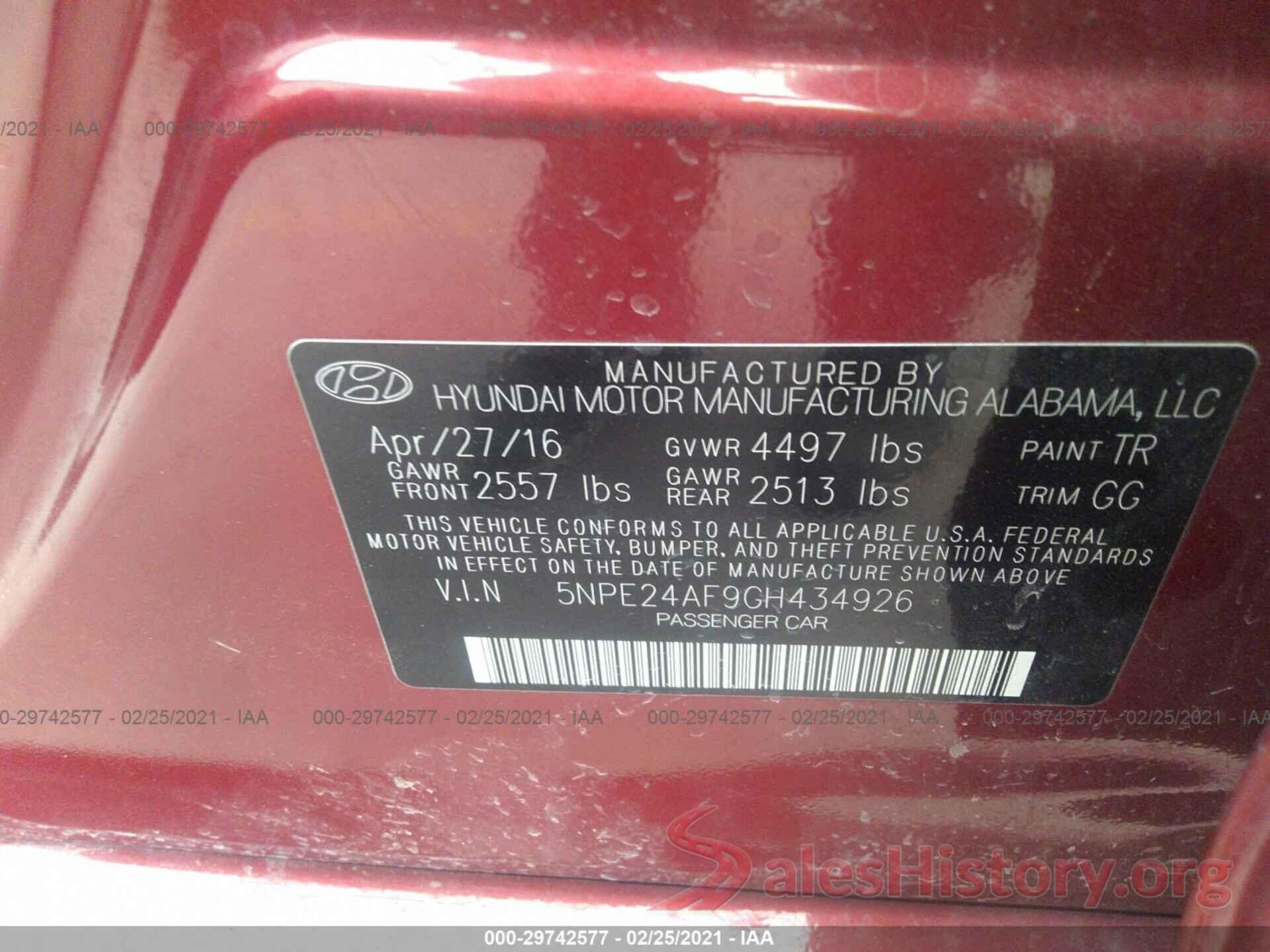 5NPE24AF9GH434926 2016 HYUNDAI SONATA