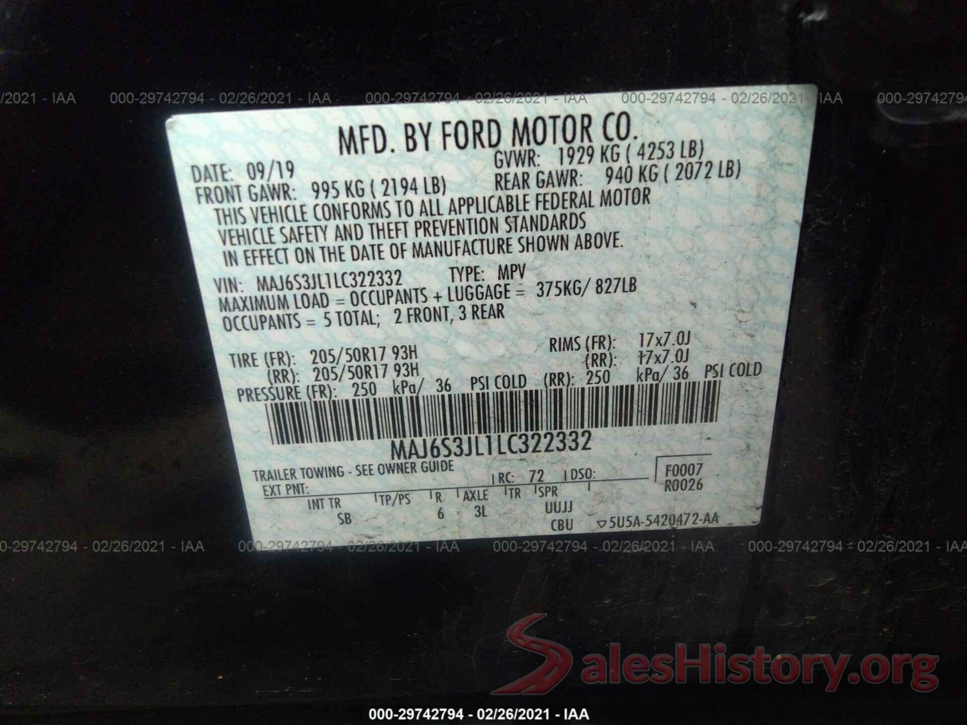 MAJ6S3JL1LC322332 2020 FORD ECOSPORT