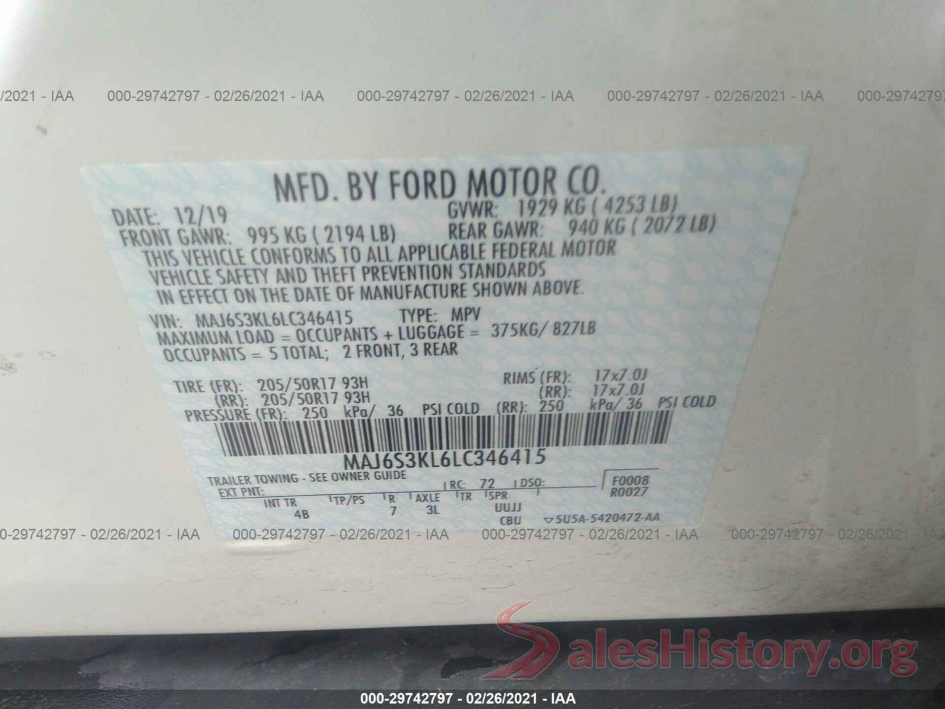 MAJ6S3KL6LC346415 2020 FORD ECOSPORT