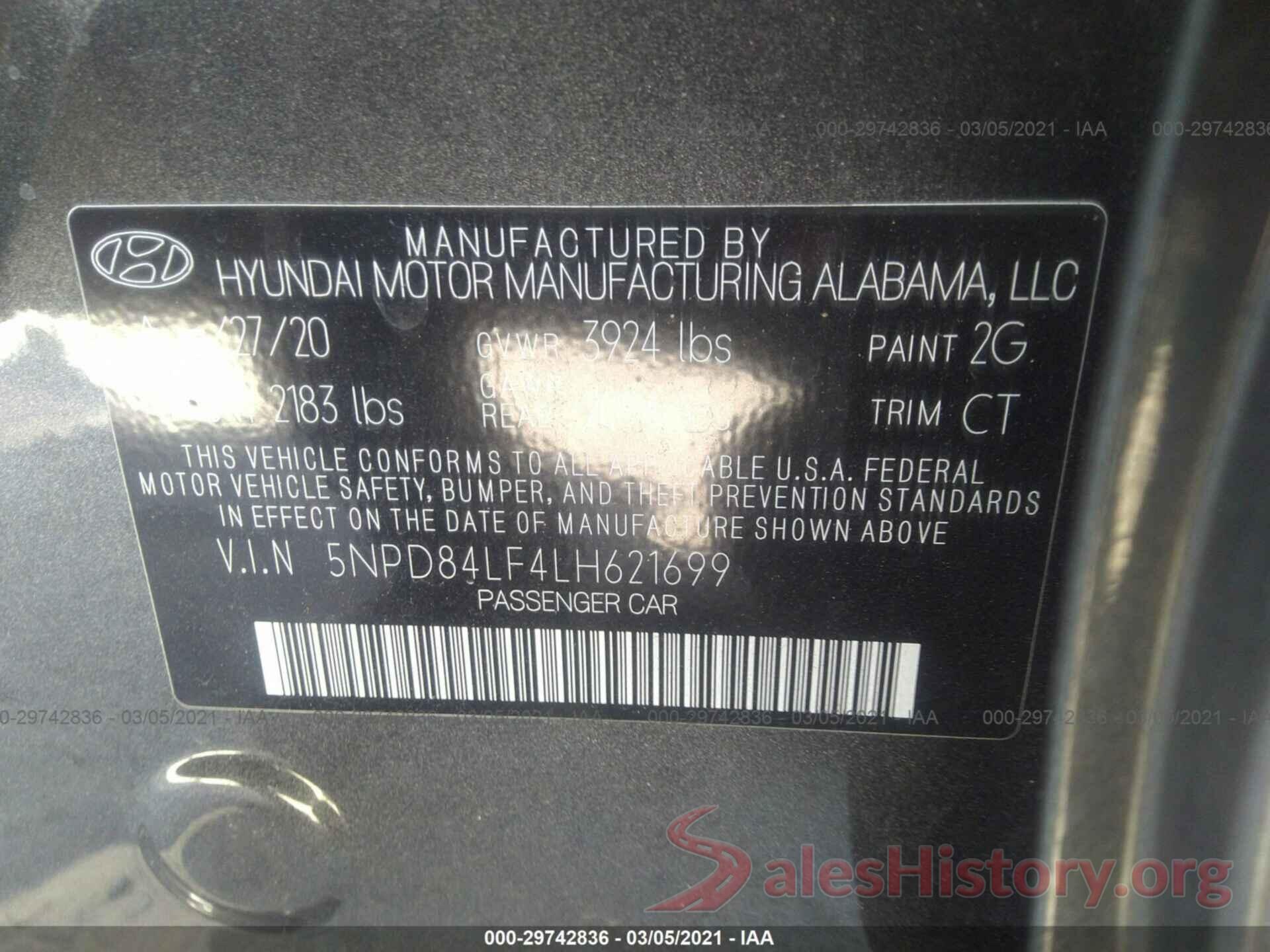 5NPD84LF4LH621699 2020 HYUNDAI ELANTRA