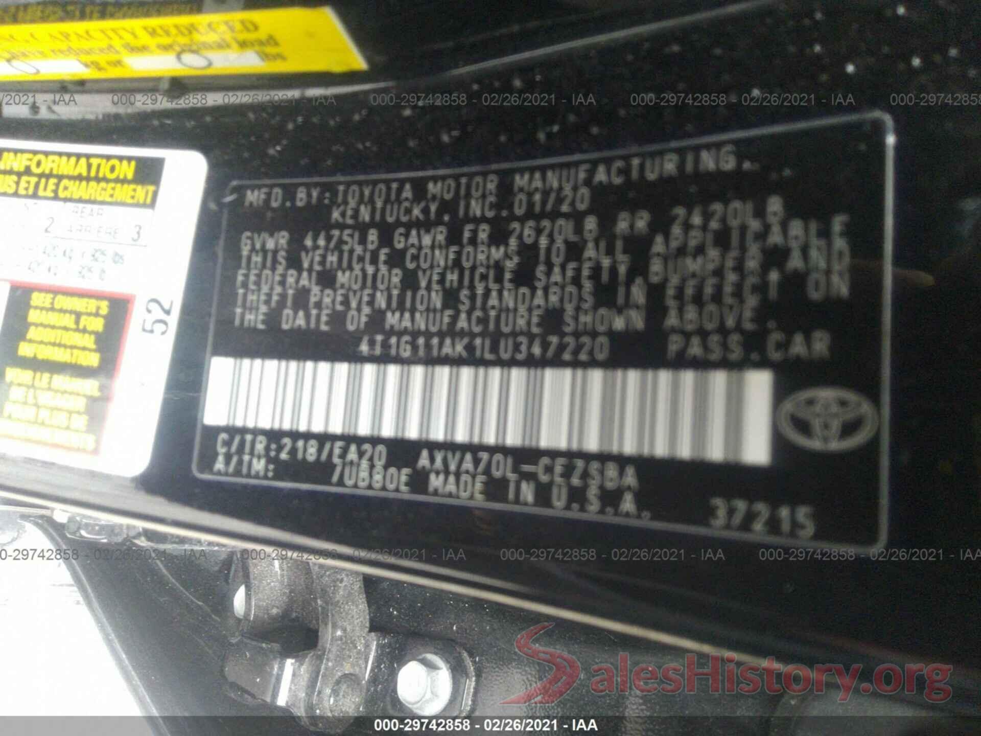 4T1G11AK1LU347220 2020 TOYOTA CAMRY