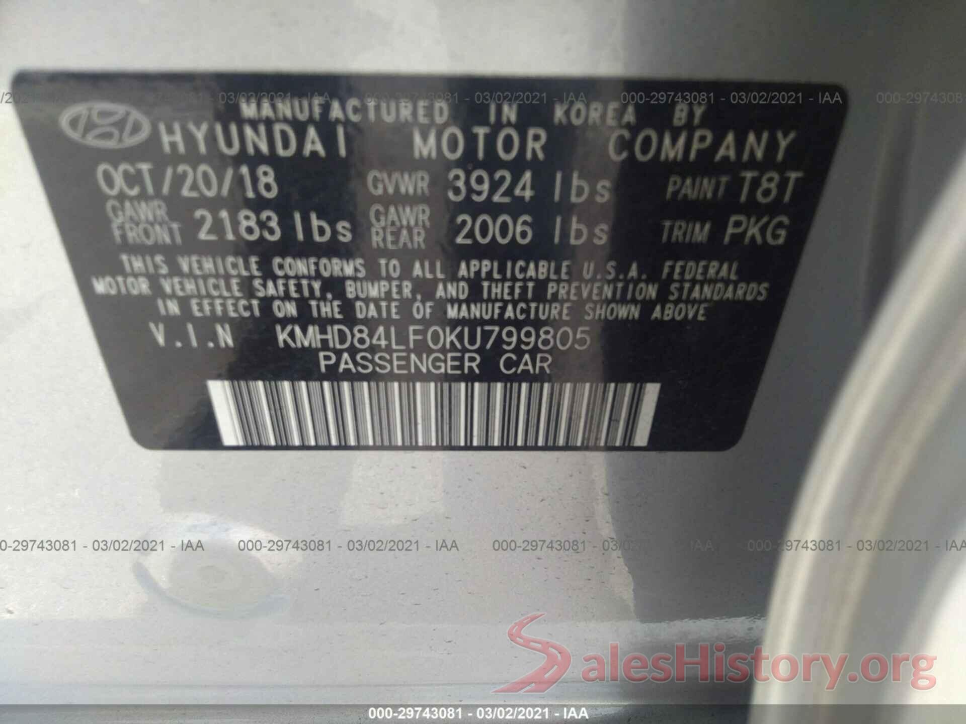 KMHD84LF0KU799805 2019 HYUNDAI ELANTRA