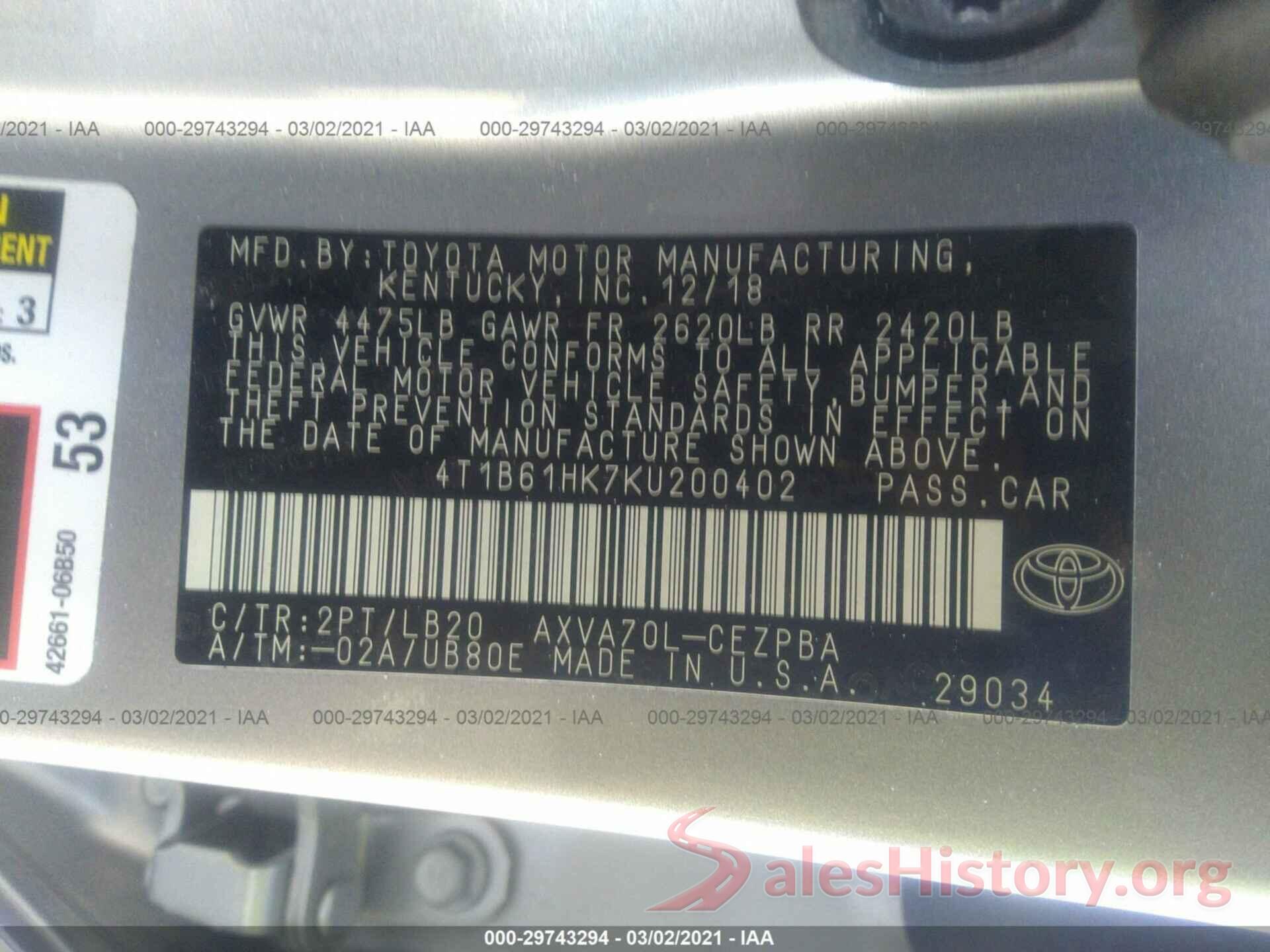 4T1B61HK7KU200402 2019 TOYOTA CAMRY