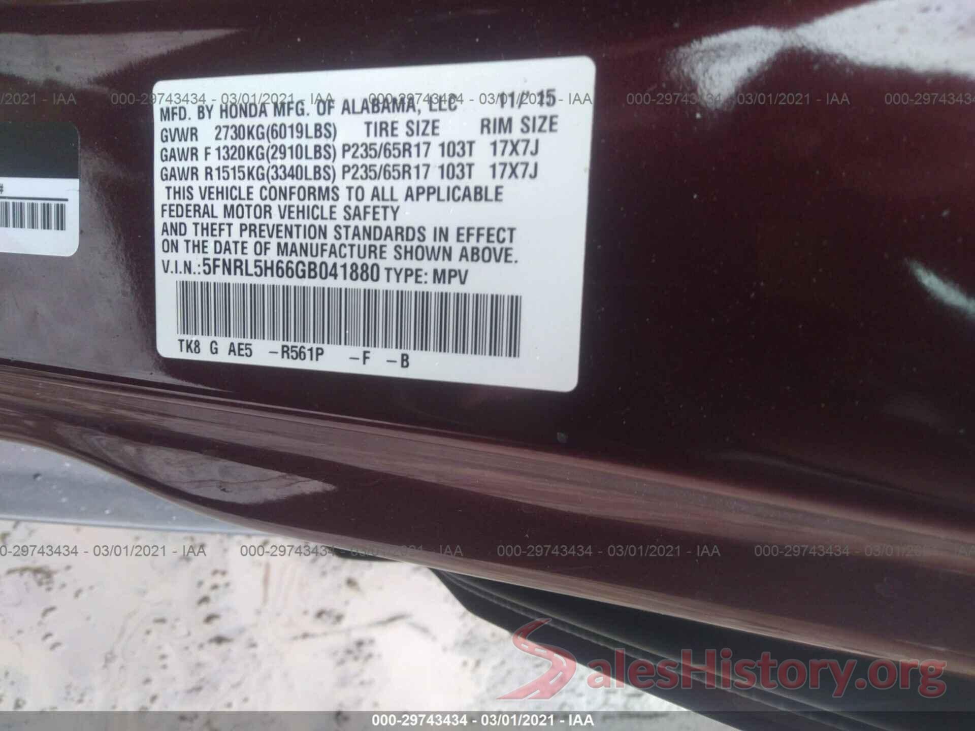 5FNRL5H66GB041880 2016 HONDA ODYSSEY