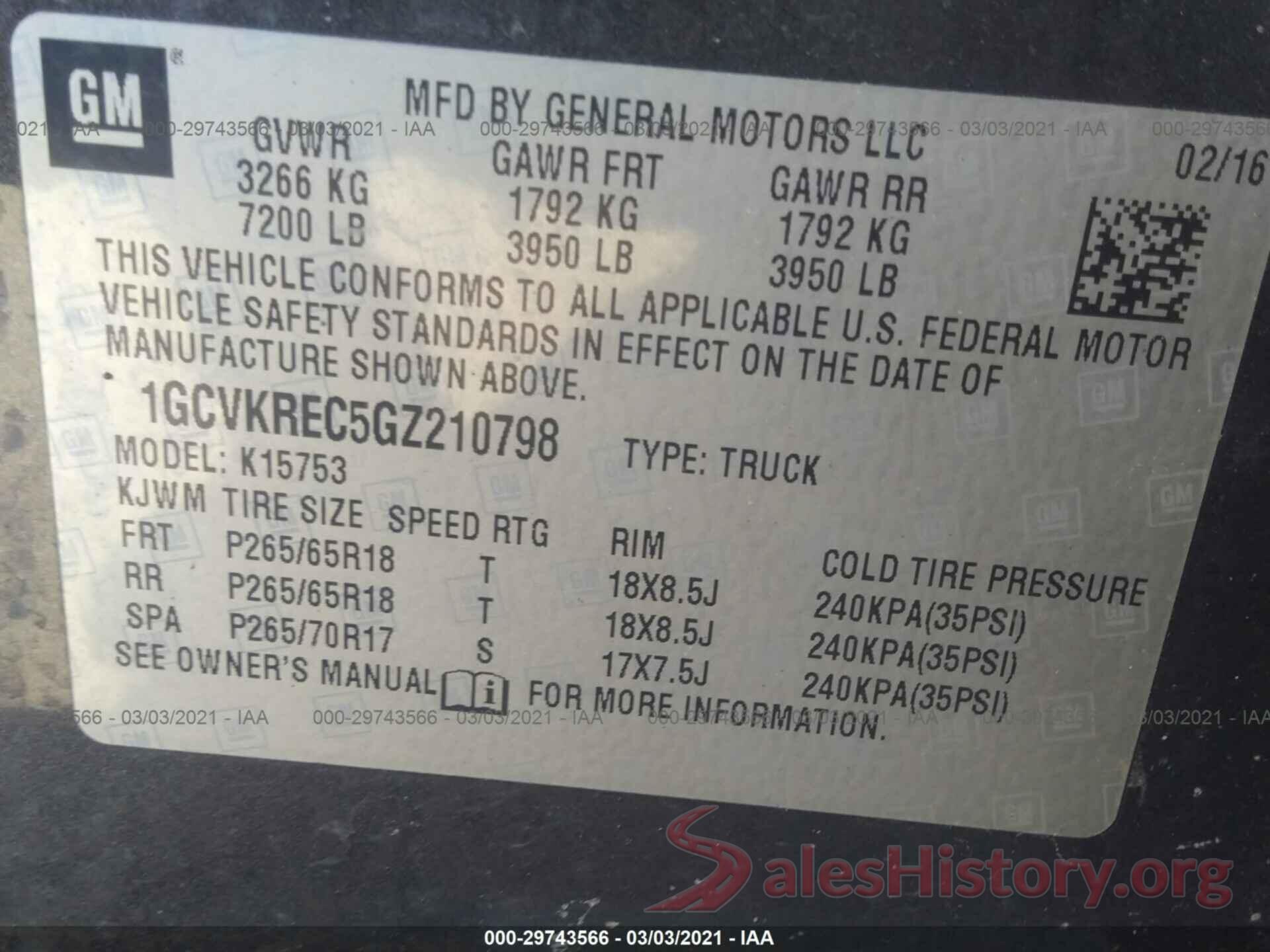 1GCVKREC5GZ210798 2016 CHEVROLET SILVERADO 1500