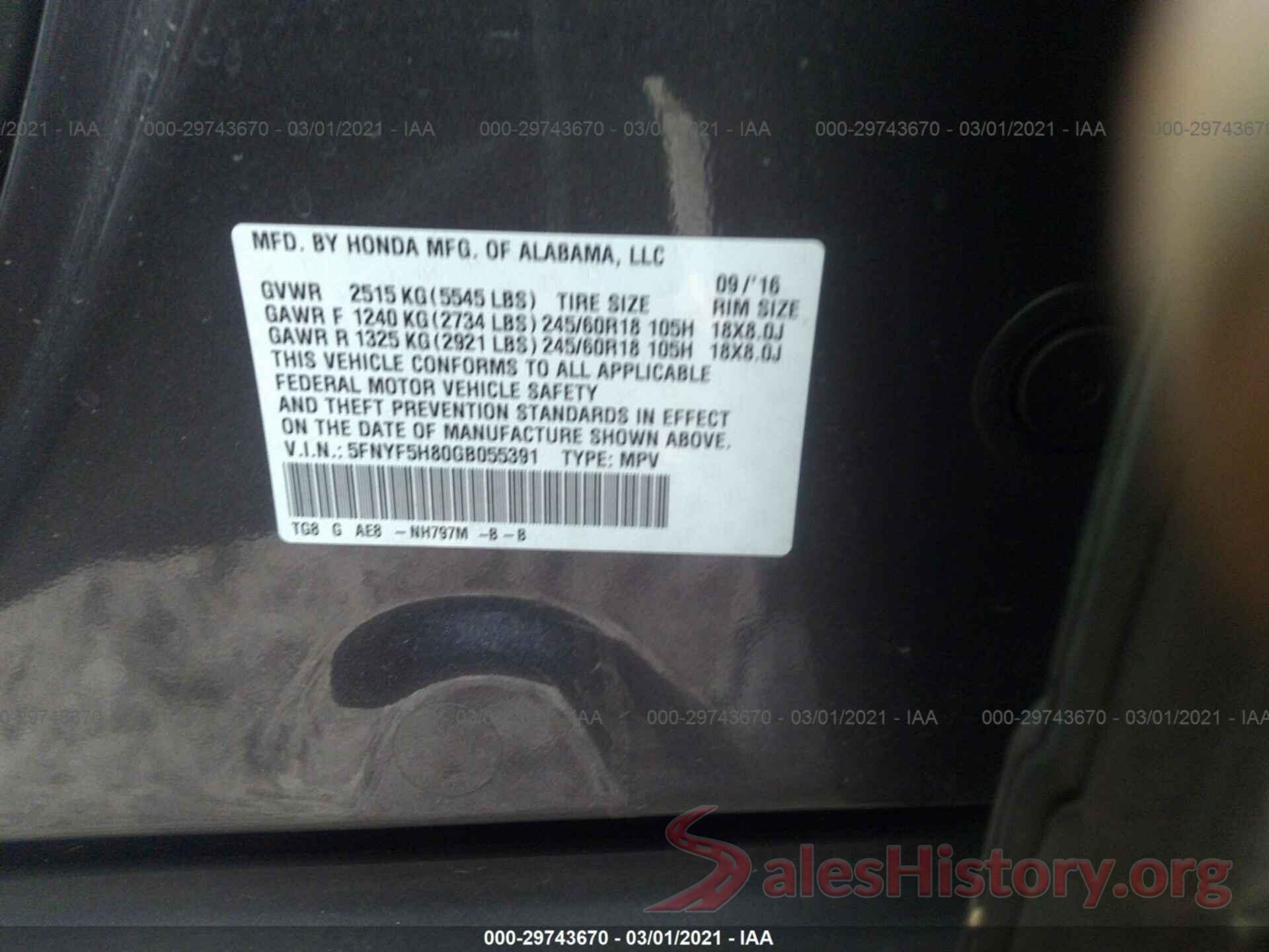 5FNYF5H80GB055391 2016 HONDA PILOT