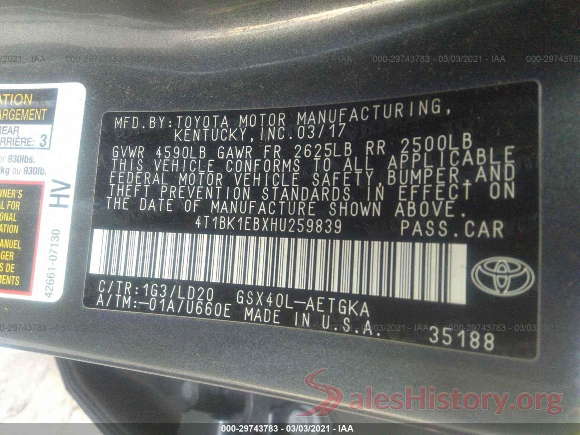 4T1BK1EBXHU259839 2017 TOYOTA AVALON