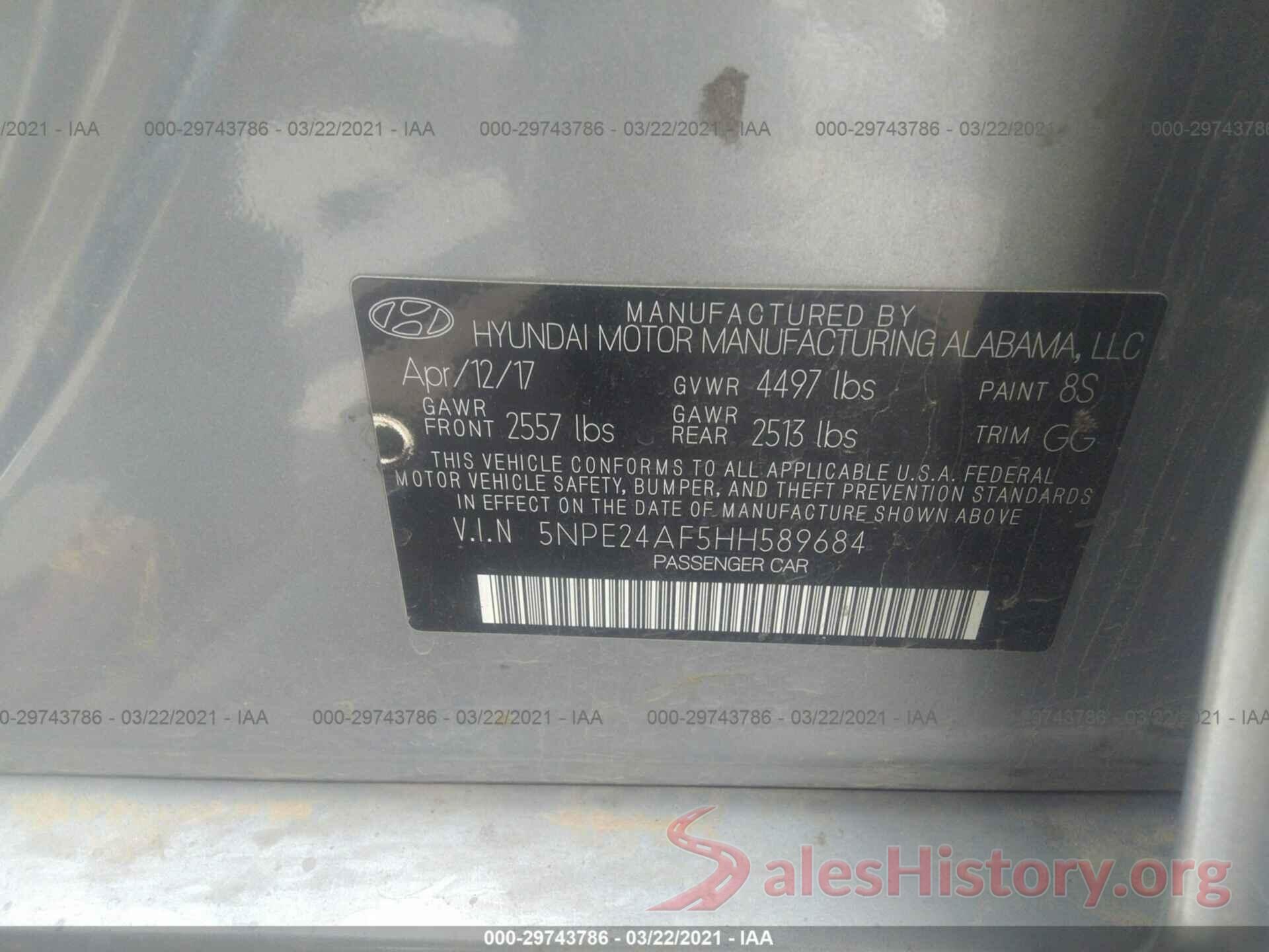 5NPE24AF5HH589684 2017 HYUNDAI SONATA