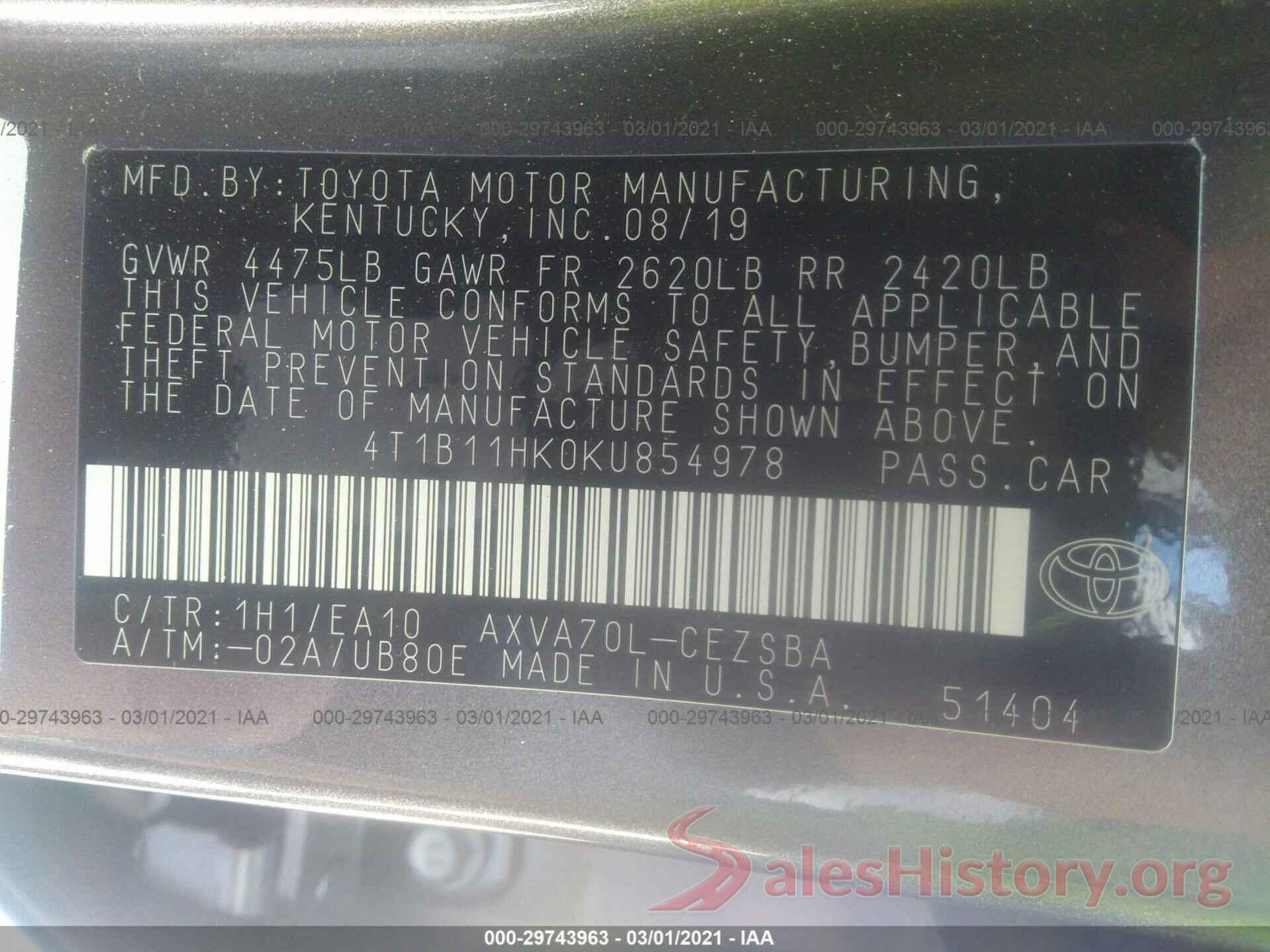 4T1B11HK0KU854978 2019 TOYOTA CAMRY