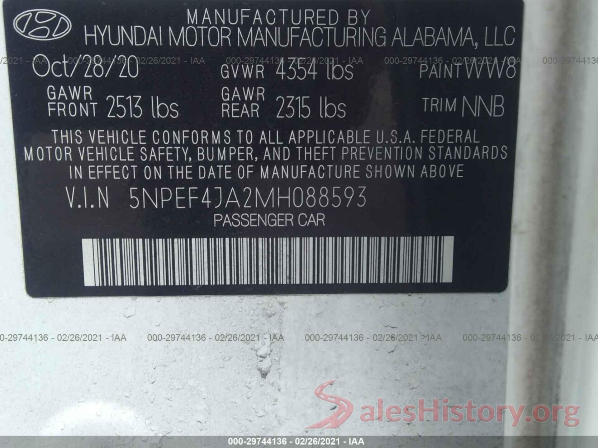 5NPEF4JA2MH088593 2021 HYUNDAI SONATA