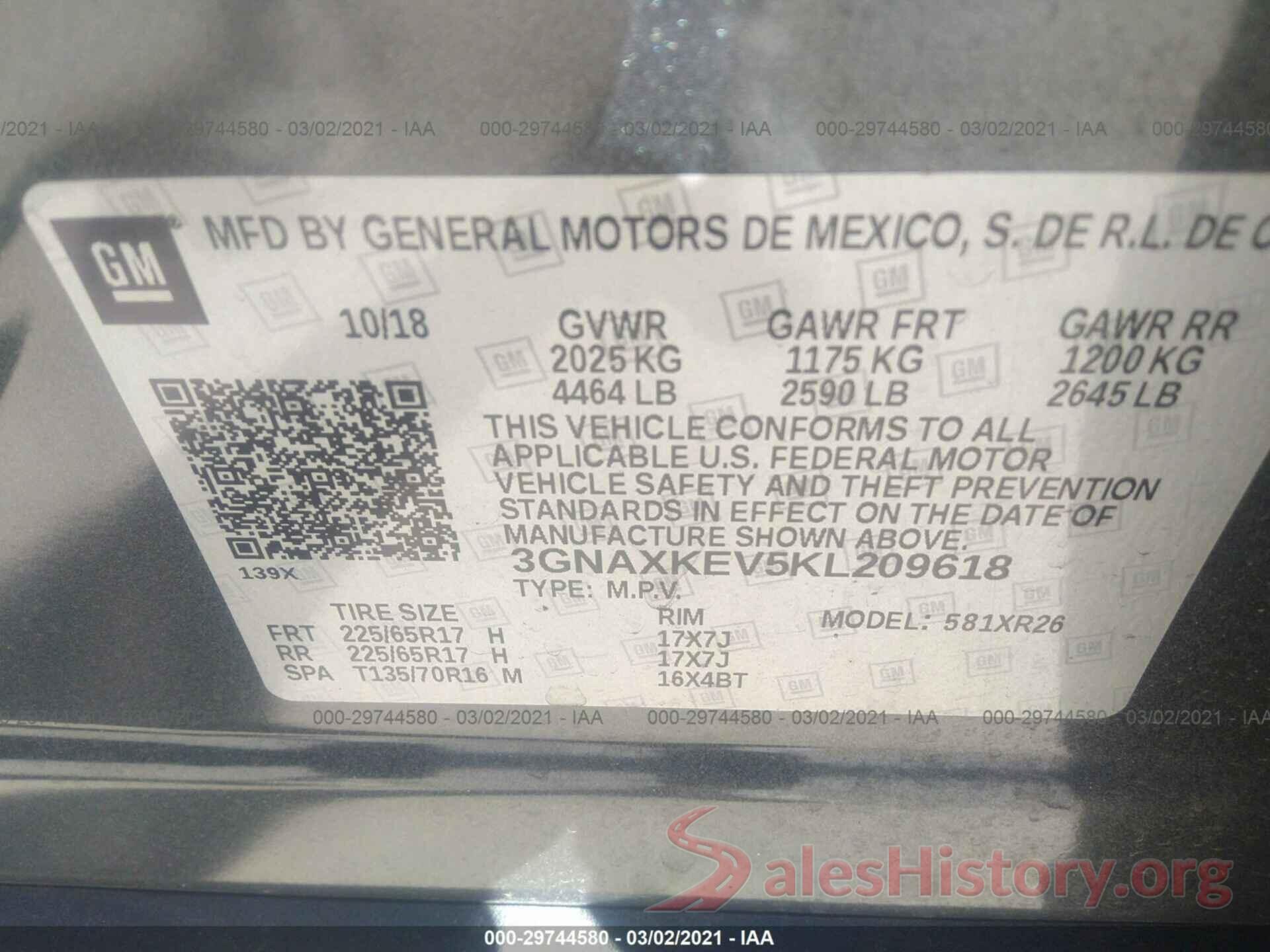 3GNAXKEV5KL209618 2019 CHEVROLET EQUINOX