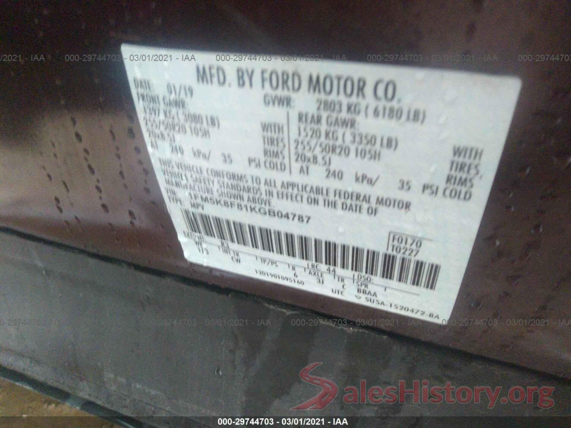 1FM5K8F81KGB04787 2019 FORD EXPLORER