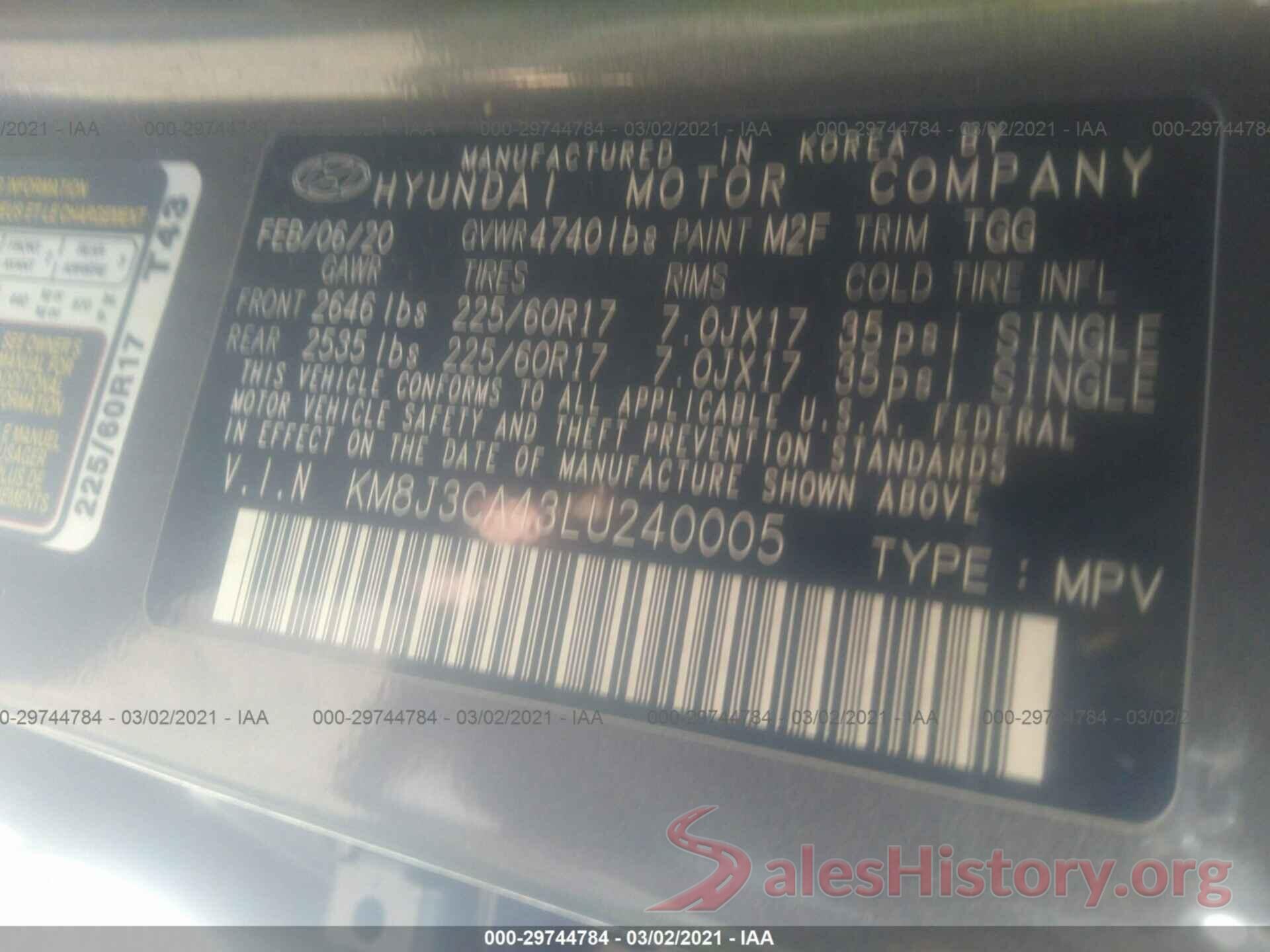 KM8J3CA43LU240005 2020 HYUNDAI TUCSON