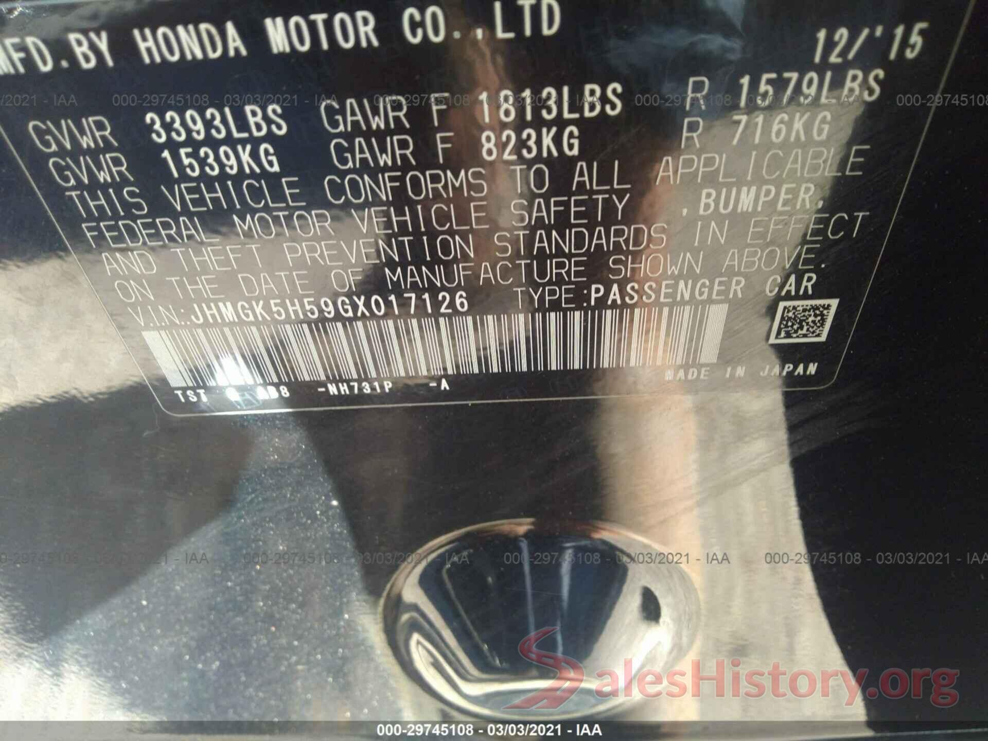 JHMGK5H59GX017126 2016 HONDA FIT