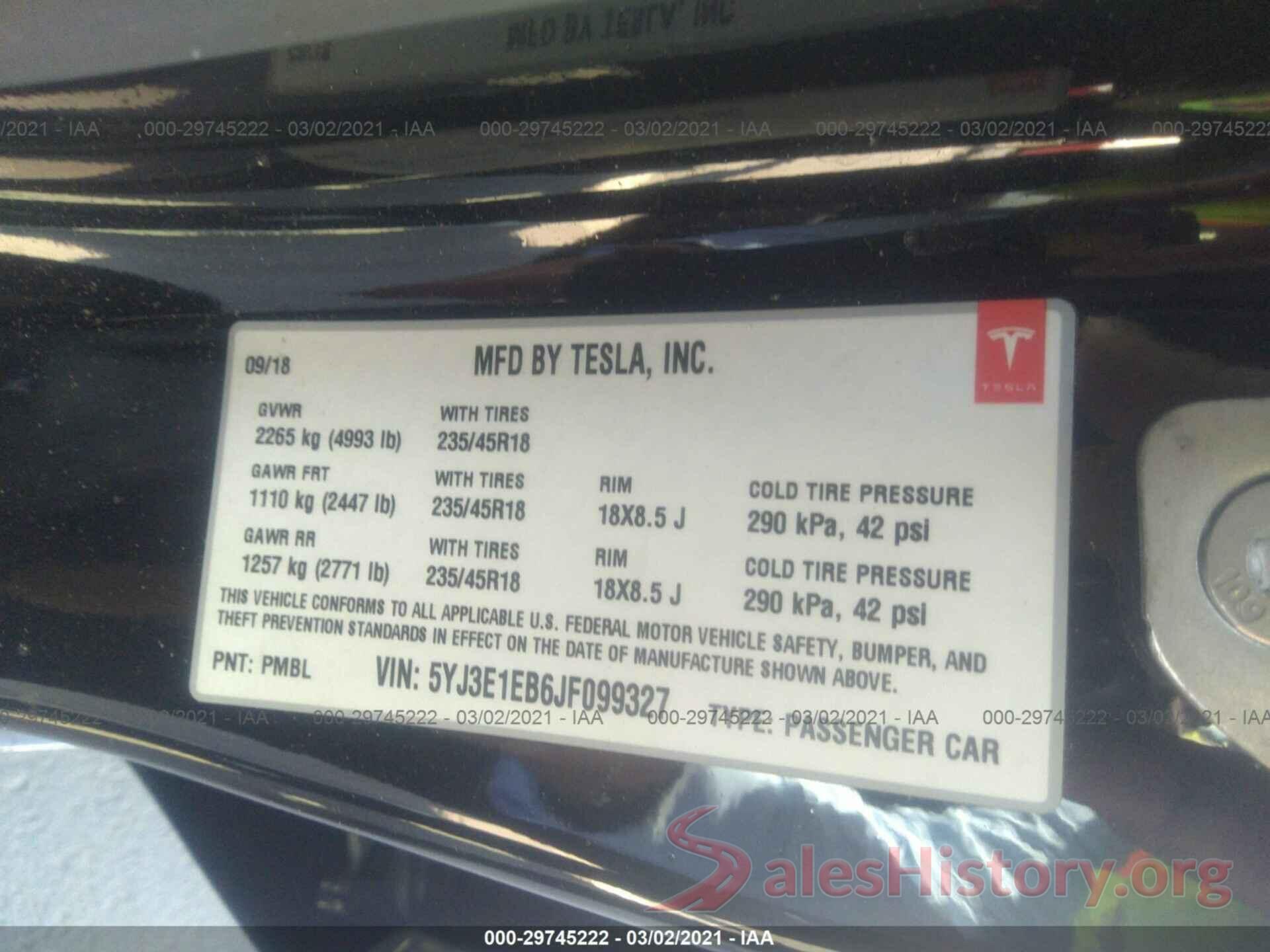 5YJ3E1EB6JF099327 2018 TESLA MODEL 3