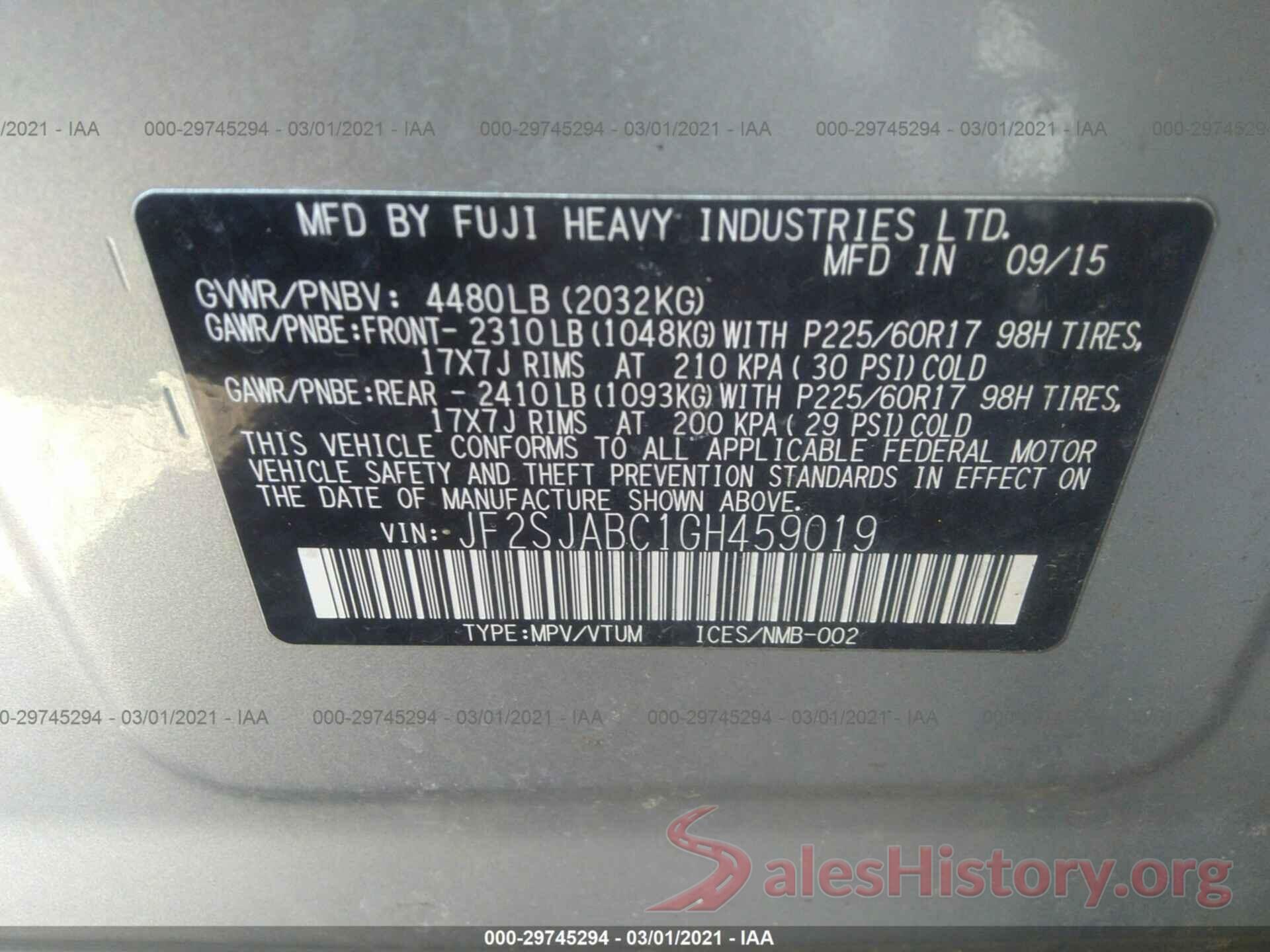 JF2SJABC1GH459019 2016 SUBARU FORESTER