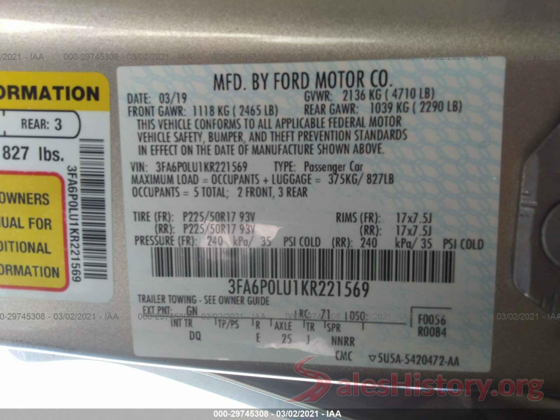 3FA6P0LU1KR221569 2019 FORD FUSION HYBRID